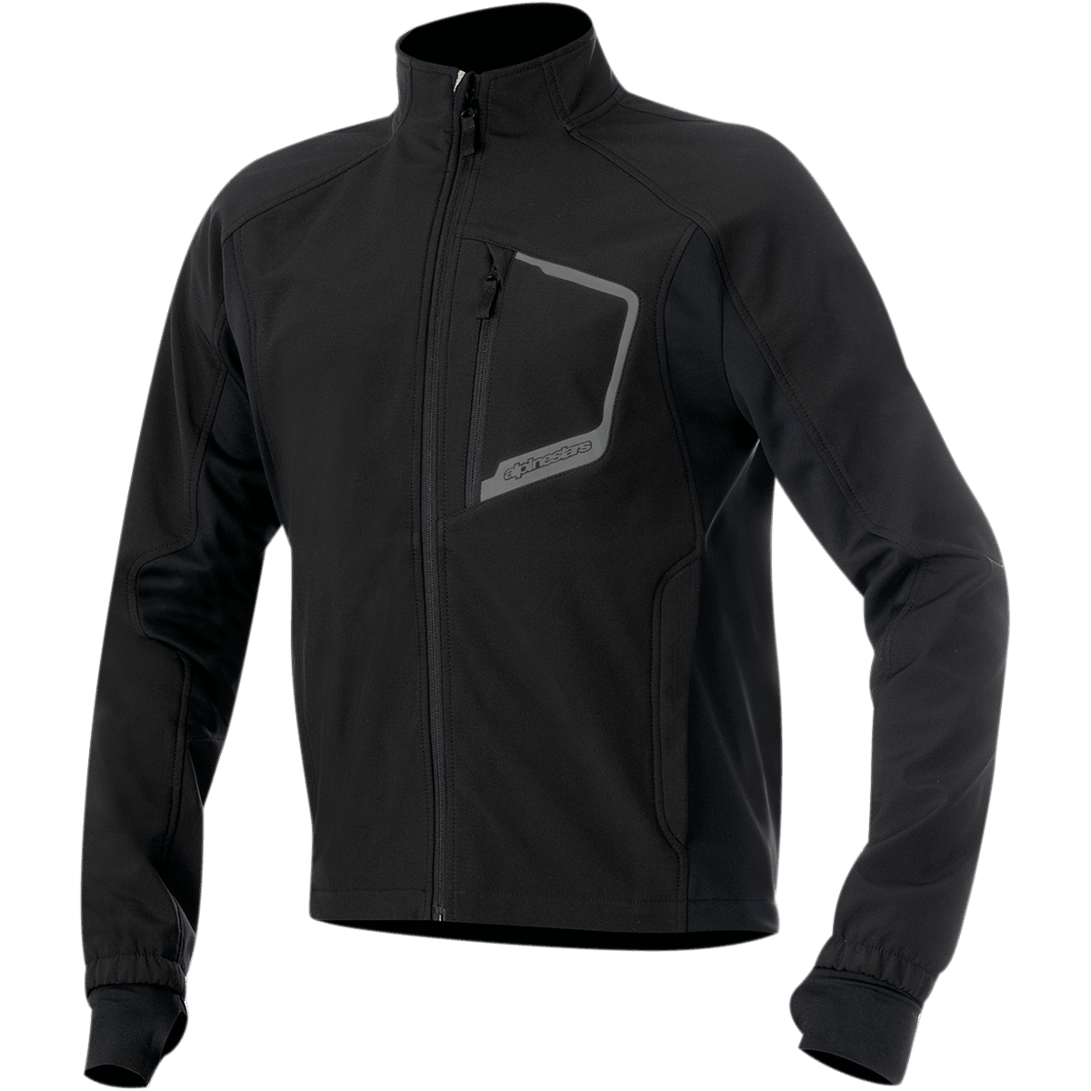 Alpinestars Tech Layer Top, svart motorcykelbaslagerjacka, långa ärmar med sömlösa Lycra-muddar och tumöglor, hög krage, vertikal bröstficka med dragkedja, reflekterande grå kant och Alpinestars-logotyp, genomgående dragkedja fram, tekniskt vindtätt material
