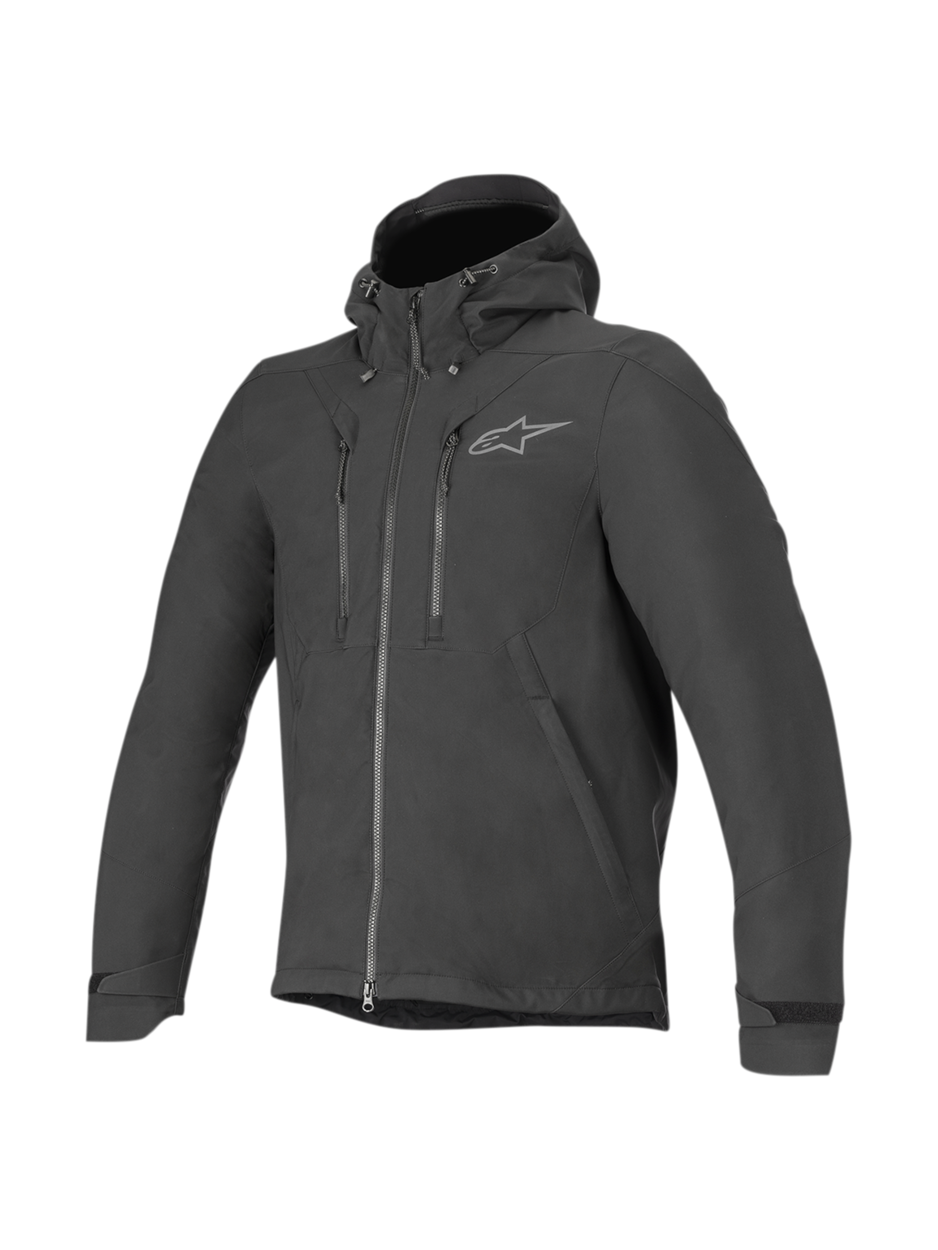 Alpinestars Domino Tech jacka, svart urban motorcykeljacka för herrar i vattenavvisande softshell med fast huva och CE-skydd