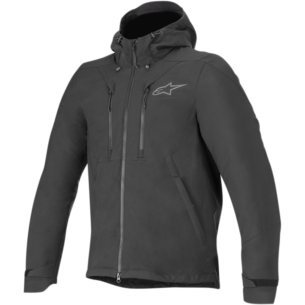 Alpinestars Domino Tech Jacket, Urban Motorcycle Jacket, Black, featuring a fixed hood with drawstrings, central front zipper, dual vertical chest zippers, and adjustable cuff straps, subtle gray Astar logo on left chest, technical softshell design for road riding
