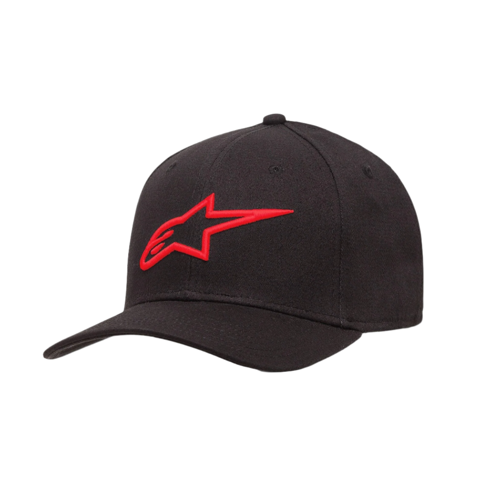 Alpinestars Ageless Curve Hat, svart baseballkeps med röd 3D-broderad logotyp, böjd skärm, twilltyg, avslappnad huvudbonad för sport
