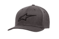 Alpinestars Ageless Curve Hat, mörkgrå melerad baseballkeps med svart 3D-broderad logotyp, böjd skärm, strukturerat twilltyg med ventilationshål, avslappnad motorsport-stil