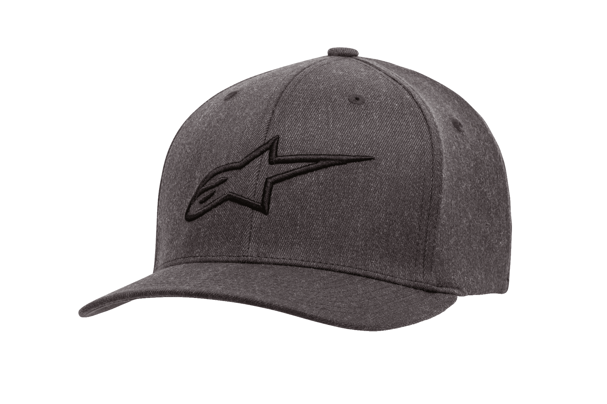 Alpinestars Ageless Curve Hat, mörkgrå melerad baseballkeps med svart 3D-broderad logotyp, böjd skärm, strukturerat twilltyg med ventilationshål, avslappnad motorsport-stil