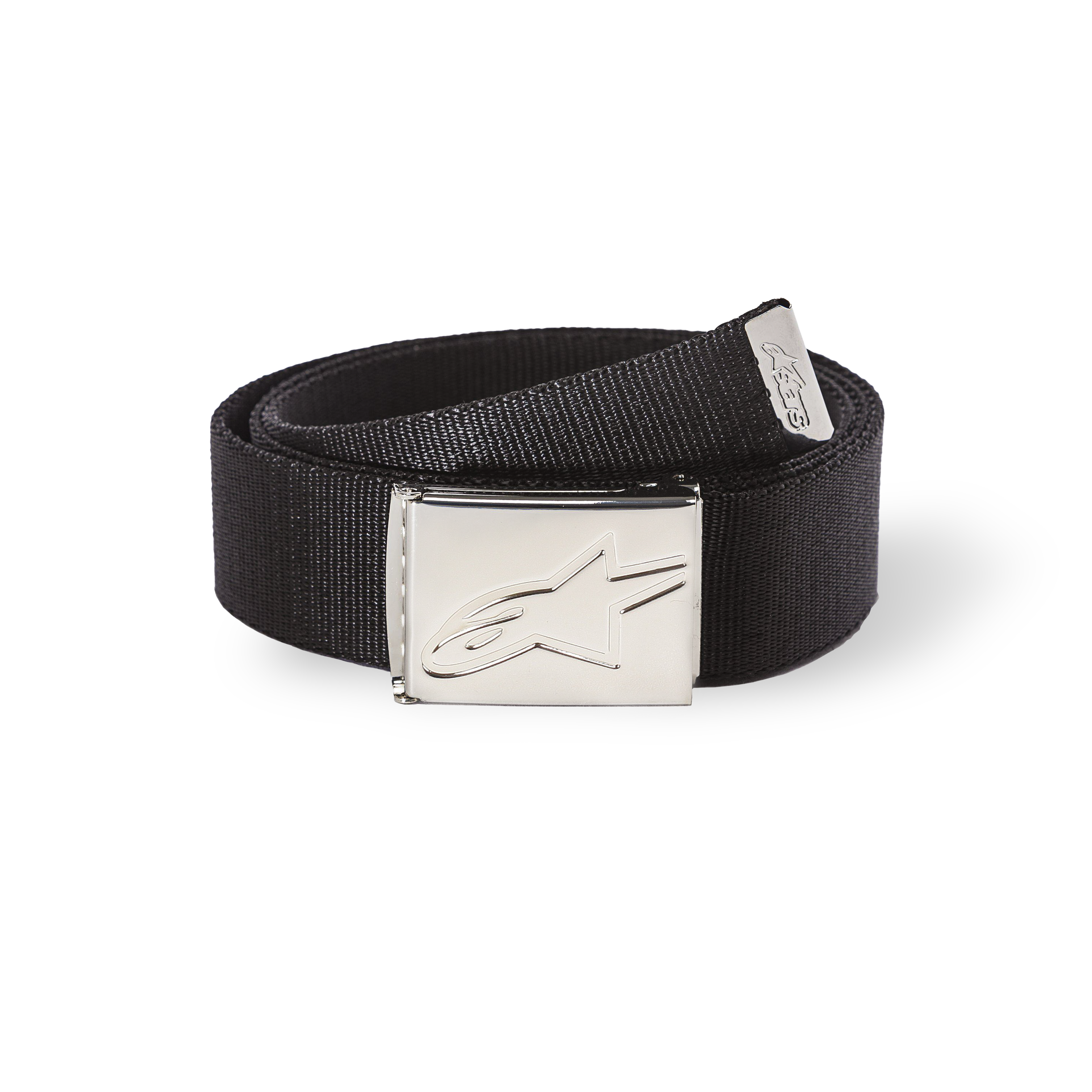 Alpinestars Ageless Web Belt, svart tygbälte med silverfärgat metallspänne, präglad stjärnlogotyp, texturerad webbrem, metallspets med logotyp i änden, vardagligt sportigt tillbehör