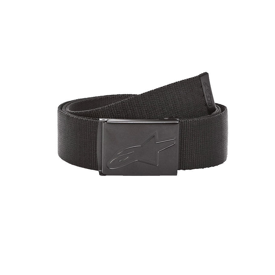 Alpinestars Ageless Web Belt, svart vävt bälte, metallklämspänne med präglad stjärnlogotyp, metallspets med logotyp, slitstark accessoar för vardagsbruk