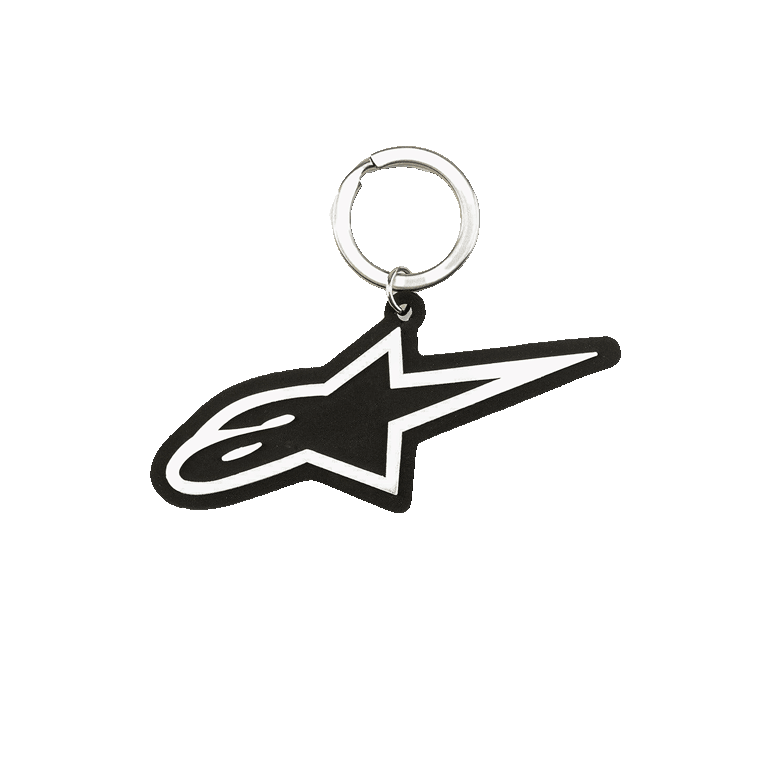 Alpinestars Ageless nyckelring, 3D-gumminyckelring, svart och vit Blaze-logodesign, silverfärgad metallring, motorsport-inspirerad accessoar