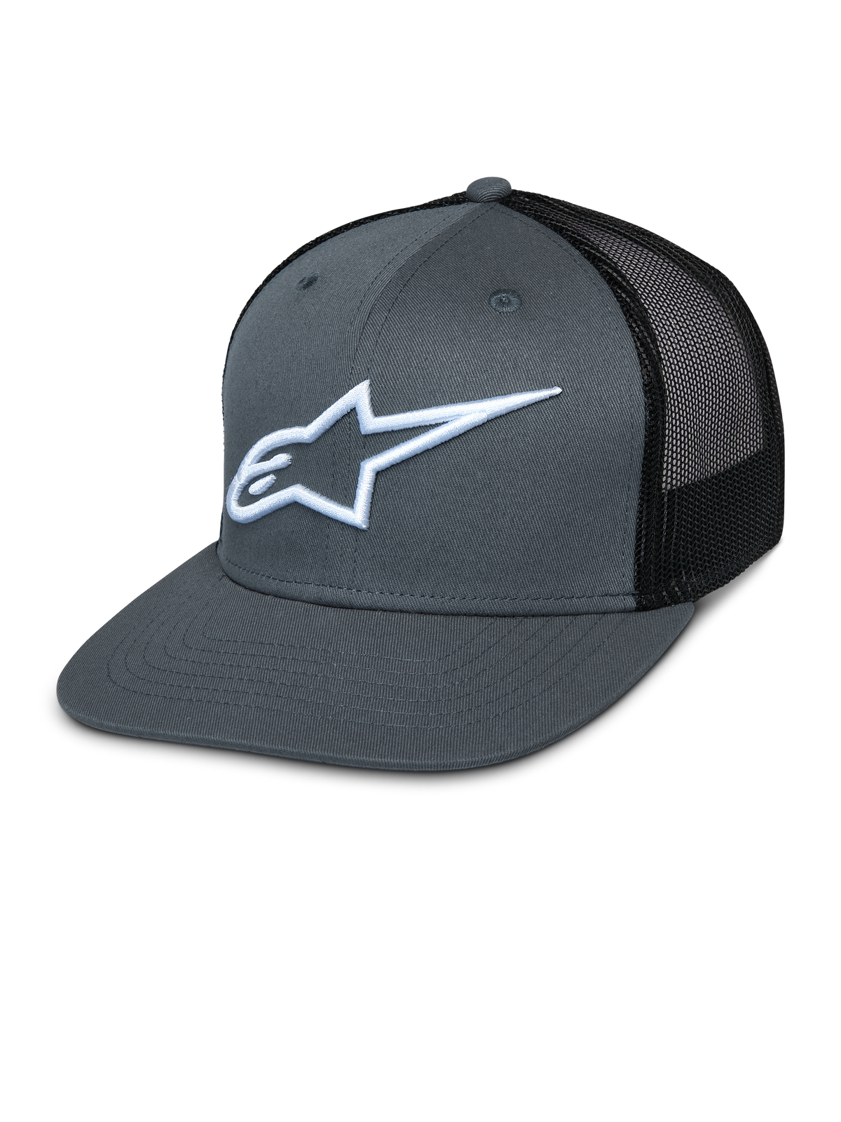 Alpinestars Corp Trucker keps, grå framsida och svart mesh-baksida, vit broderad stjärnlogotyp, platt skärm, strukturerad krona, ventilerande nätpanel