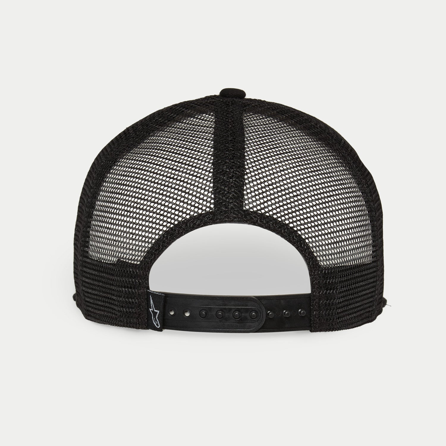Alpinestars Corp Trucker Hat, White and Black, back view featuring black breathable mesh panels, adjustable snapback closure, small Alpinestars logo on the rear tag, casual motorsport-inspired headwear