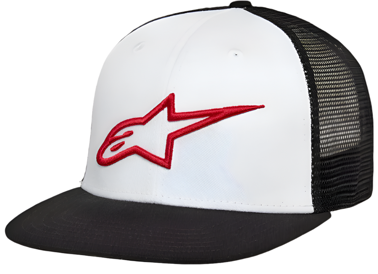 Alpinestars Corp Trucker keps, vit frontpanel med svart platt skärm och svart baksida i mesh, med en 3D-broderad röd Alpinestars stjärnlogotyp, avslappnad motorsport-streetwear