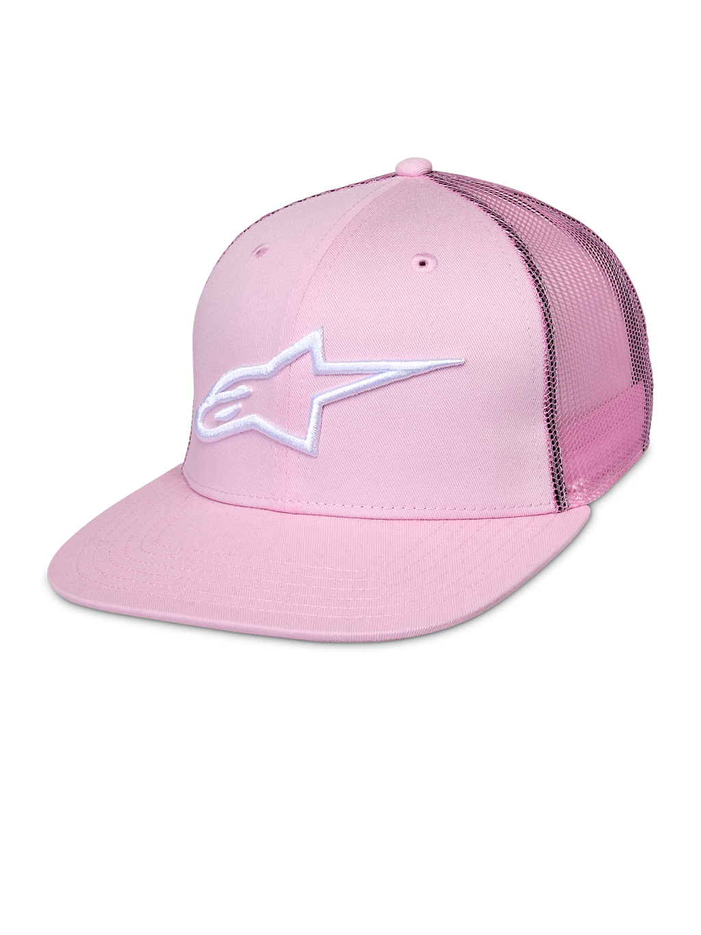 Alpinestars Corp Trucker Cap, Pink Snapback Hat with White Star Logo, Mesh Back Panels, Structured Six-Panel Design with Ventilation Eyelets