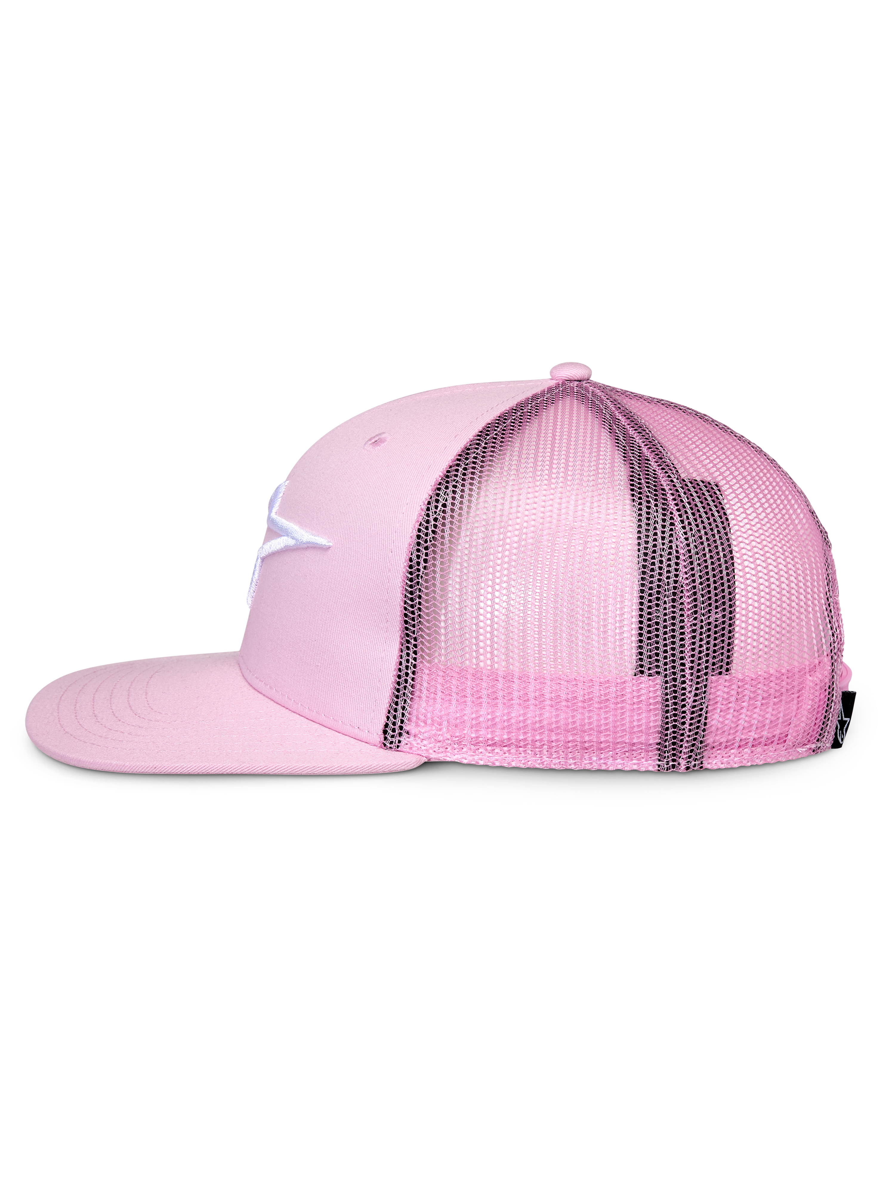 Alpinestars Corp Trucker Hat, Pink, side profile, flat bill and structured crown, white embroidered logo on twill front, pink mesh back, adjustable snapback design, casual sportswear
