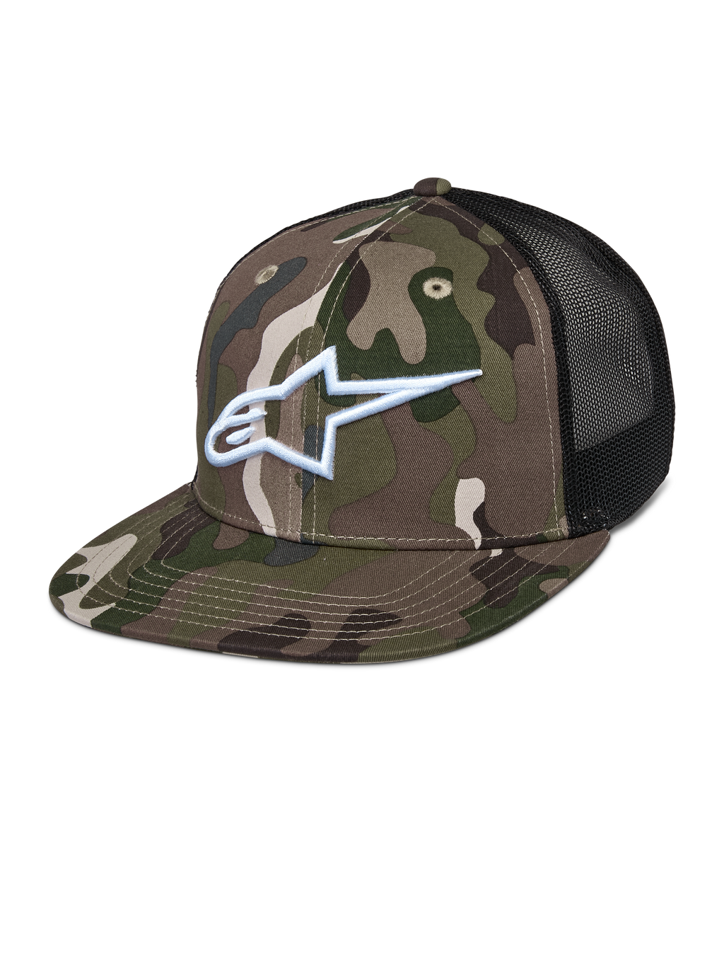 Alpinestars Corp Trucker keps, grön kamouflage och svart, kamouflagemönster med vit broderad A-star-logotyp, svarta meshpaneler baktill, platt skärm, casual lifestyle-huvudbonad