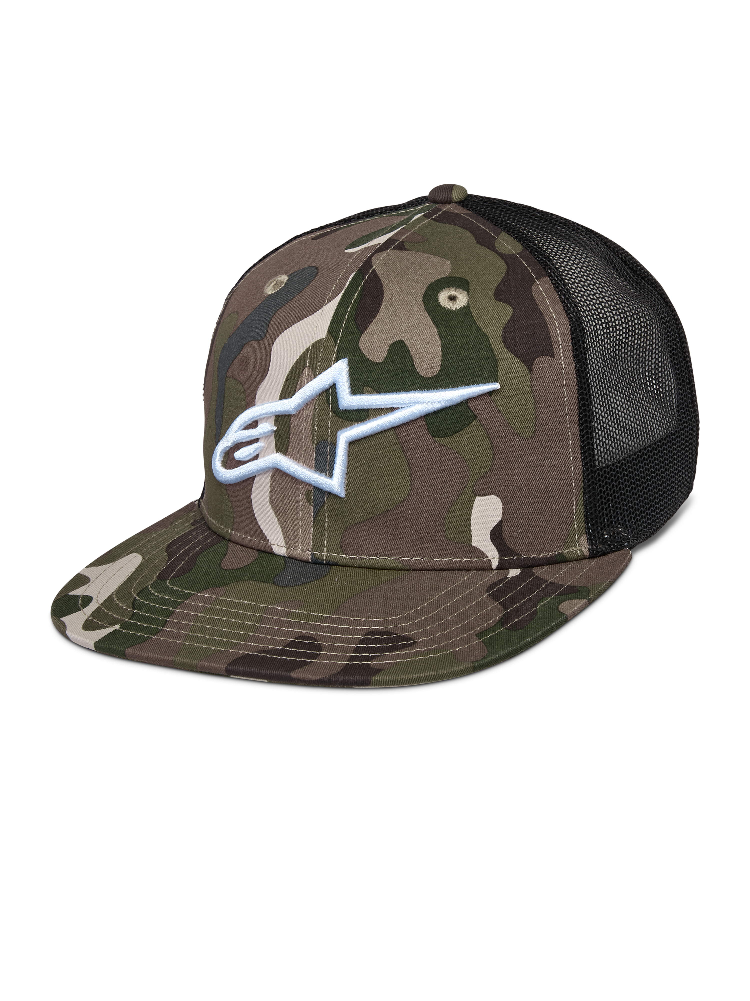 Alpinestars Corp Trucker keps, grön kamouflage och svart, kamouflagemönster med vit broderad A-star-logotyp, svarta meshpaneler baktill, platt skärm, casual lifestyle-huvudbonad