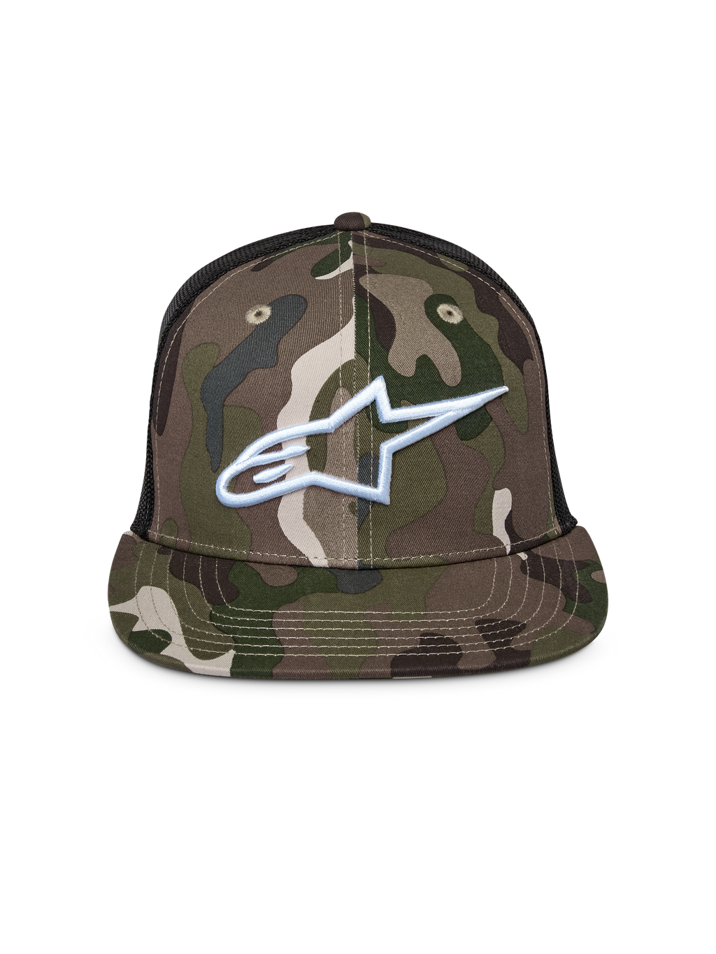 Alpinestars Corp Truckerkeps, grönt kamouflage och svart, truckerkeps med platt skärm och meshbaksida, vit broderad Alpinestars-logotyp på framsidan, casual motorsport-streetwear