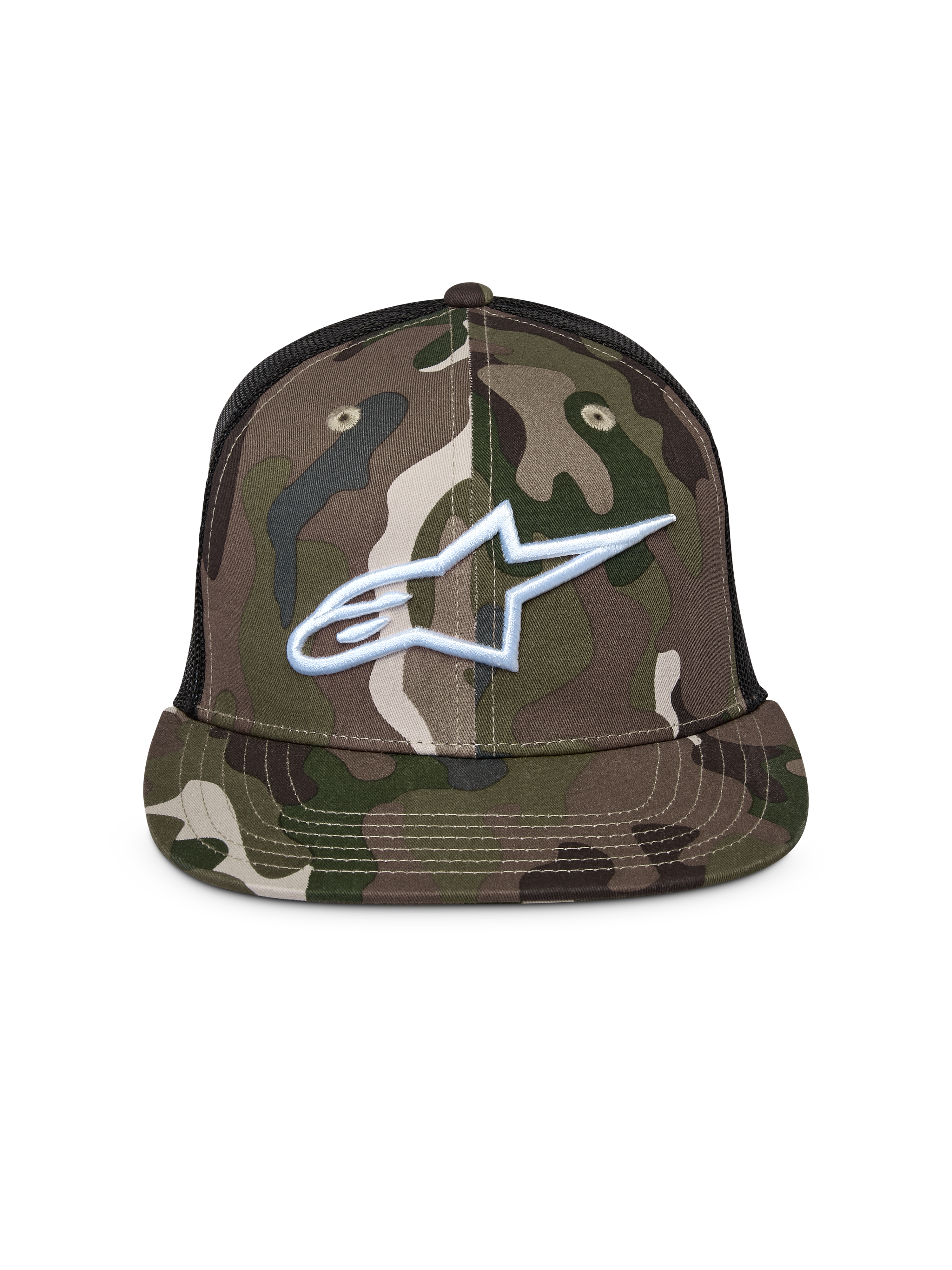 Alpinestars Corp Truckerkeps, grönt kamouflage och svart, truckerkeps med platt skärm och meshbaksida, vit broderad Alpinestars-logotyp på framsidan, casual motorsport-streetwear