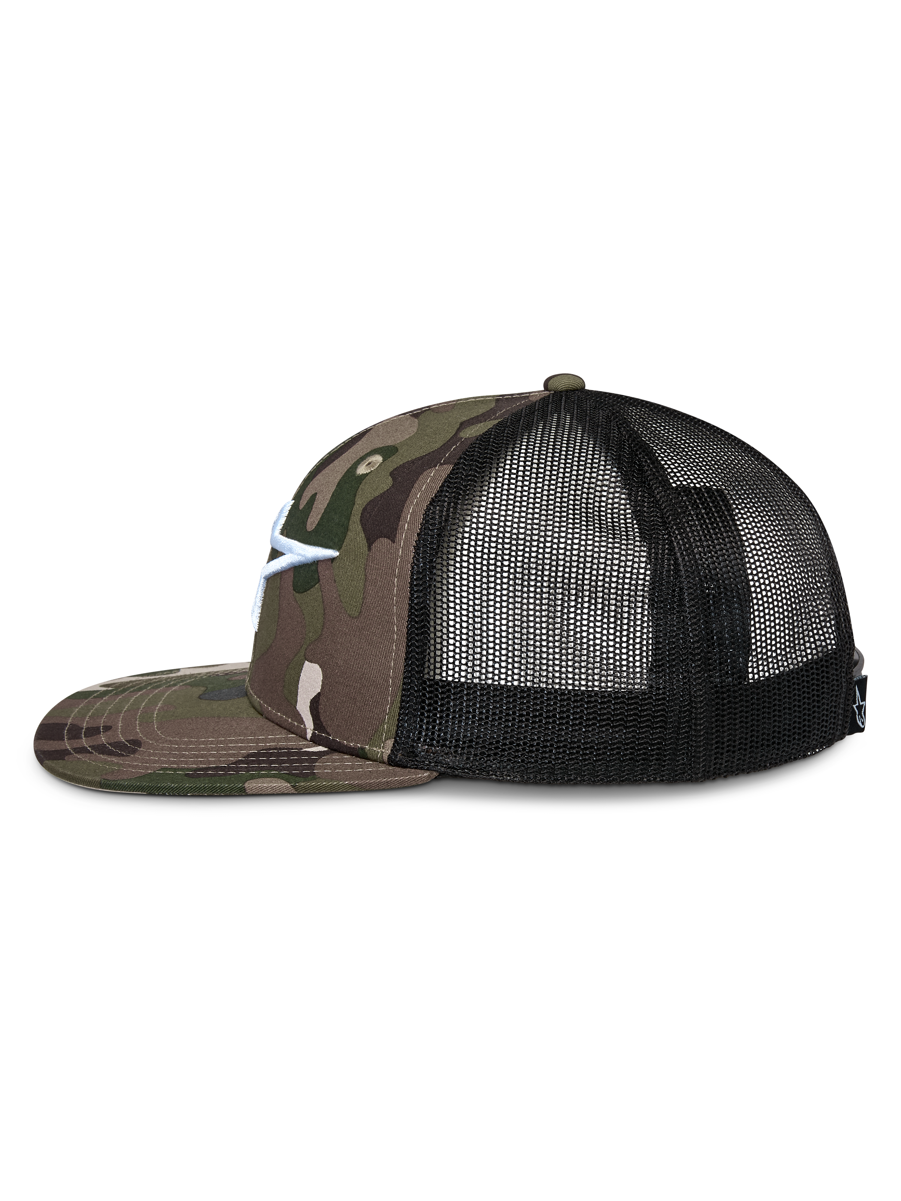 Alpinestars Corp Trucker-keps, profilvy, grön kamouflagefärgad twill framtill och platt skärm, svart mesh baktill, vit broderad Astars-logotyp, casual motorsport-streetwear