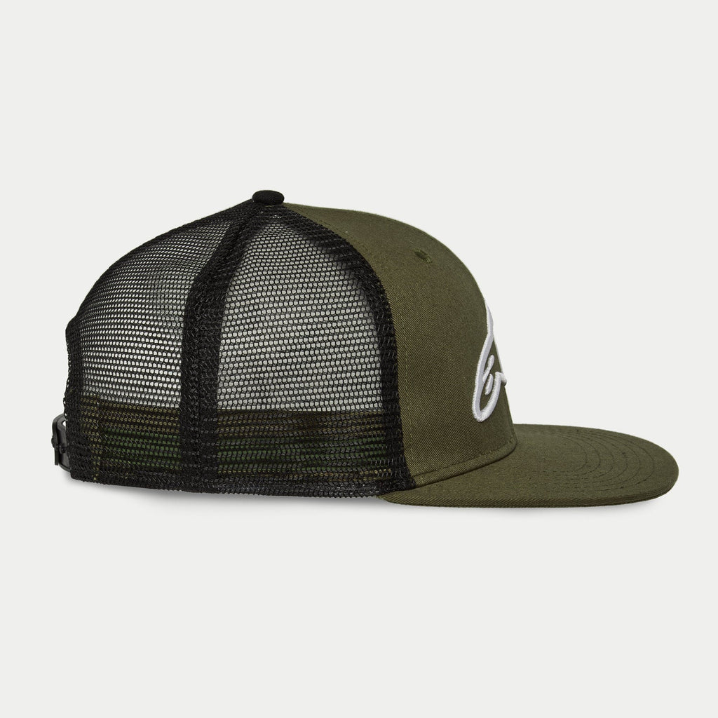 Alpinestars Corp Trucker Hat, Military Black, side profile view, flat bill trucker cap, olive green structured crown with white 3D embroidered logo, black mesh back panels, adjustable snapback closure