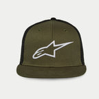 Alpinestars Corp Trucker Hat, Flat Bill Trucker Cap, Military Green Front and Bill with Black Mesh Back, White 3D Embroidered A-star Logo, Structured Crown, Casual Motorsport Headwear
