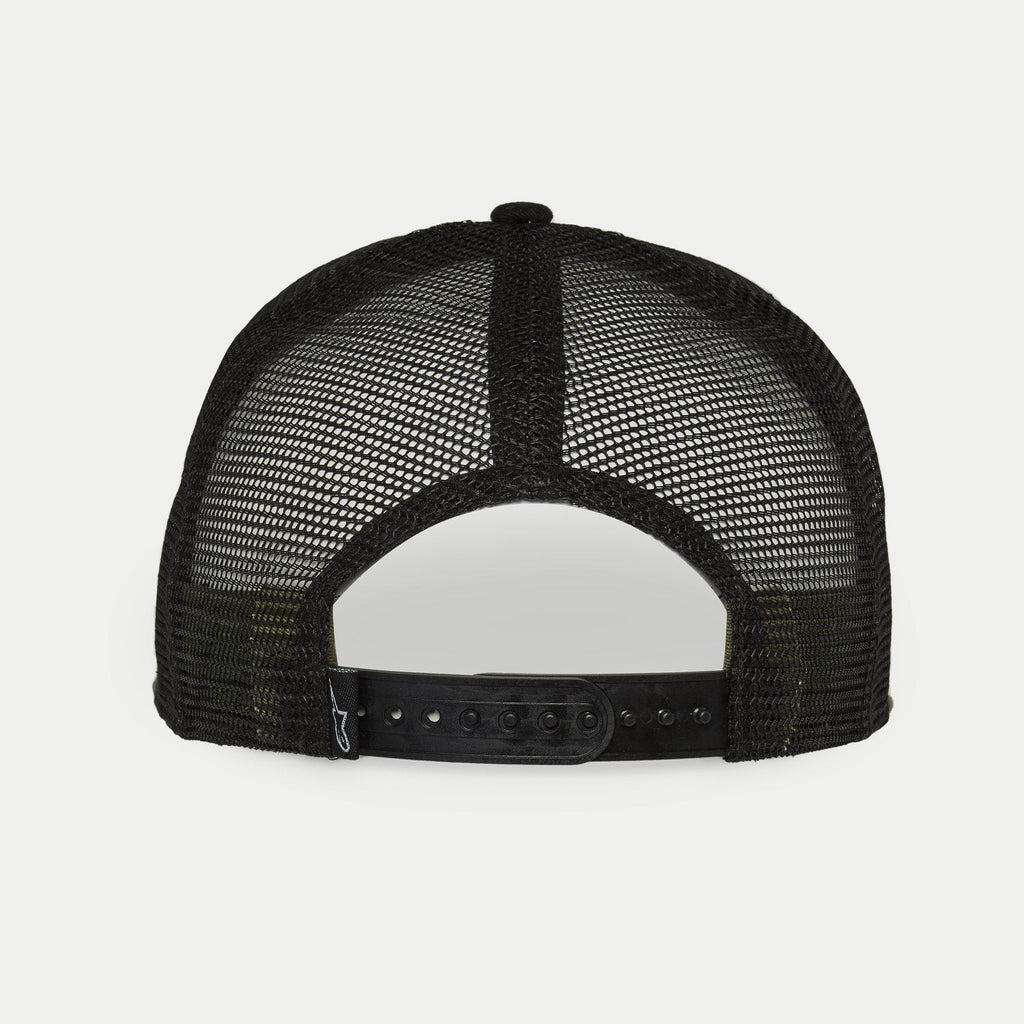 Alpinestars Corp Trucker Hat, Military Black, rear view showing black mesh back panels and adjustable snapback closure, small woven logo label, casual motorsport-inspired headwear