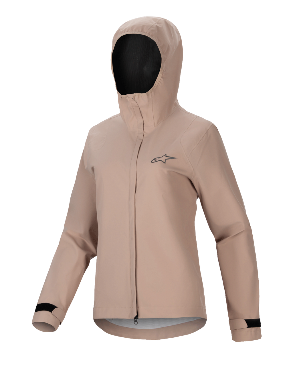 Alpinestars Stella A-Dura Rain Jacket, regnjacka för damcykling, ljusbrun, design med huva, dragkedja fram och vindslå, svarta justerbara kardborremanschetter, liten bröstlogotyp, vattentätt och ventilerande funktionsmaterial för MTB-cykling