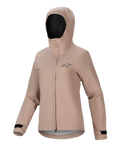 Alpinestars Stella A-Dura Rain Jacket, regnjacka för damcykling, ljusbrun, design med huva, dragkedja fram och vindslå, svarta justerbara kardborremanschetter, liten bröstlogotyp, vattentätt och ventilerande funktionsmaterial för MTB-cykling