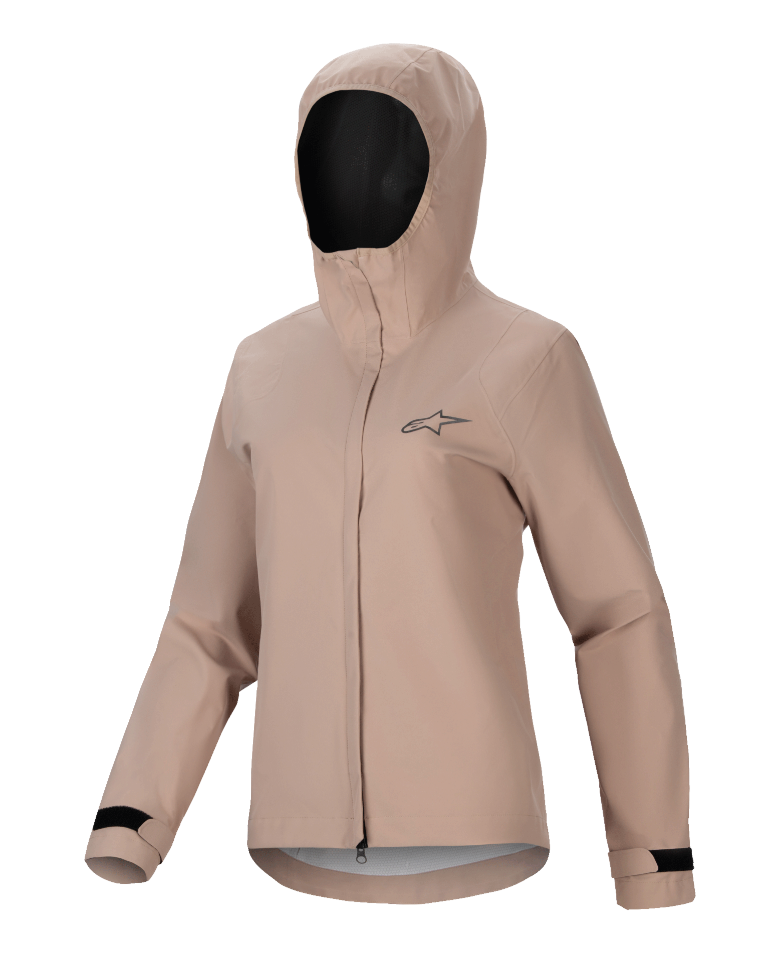 Alpinestars Stella A-Dura Rain Jacket, regnjacka för damcykling, ljusbrun, design med huva, dragkedja fram och vindslå, svarta justerbara kardborremanschetter, liten bröstlogotyp, vattentätt och ventilerande funktionsmaterial för MTB-cykling