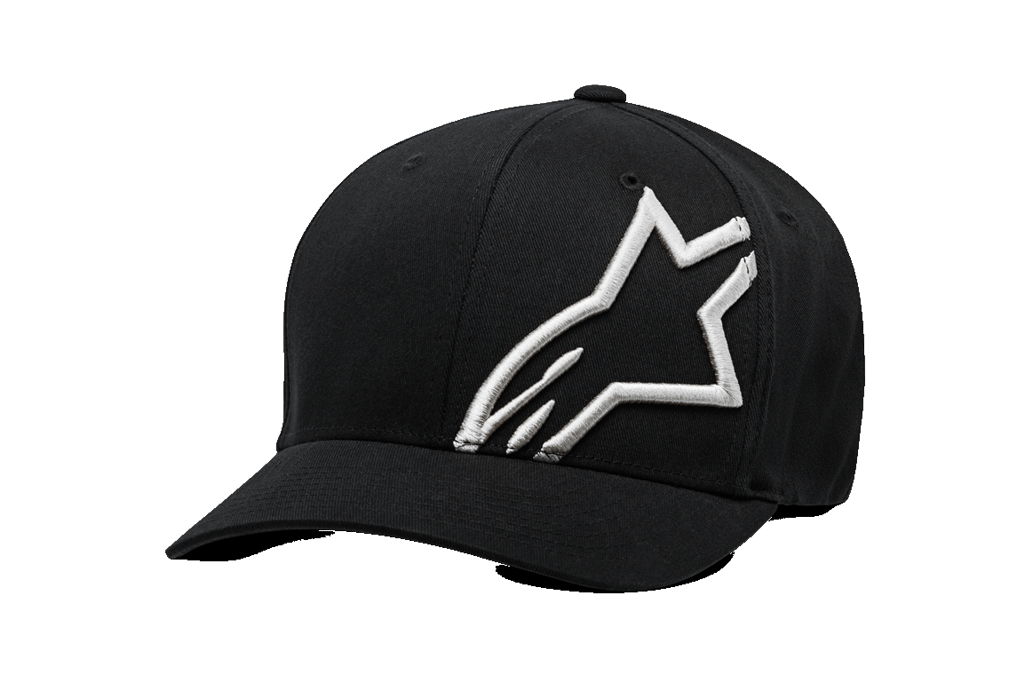 Alpinestars Corp Shift 2 keps, svart baseballkeps med böjd skärm, stor vit broderad logotyp på vänster sida fram, Flexfit-sportkeps