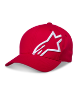 Alpinestars Corp Shift 2 Curved Brim Cap, Red, featuring a large white 3D embroidered logo on the side, structured crown and curved bill, casual motorsport headwear