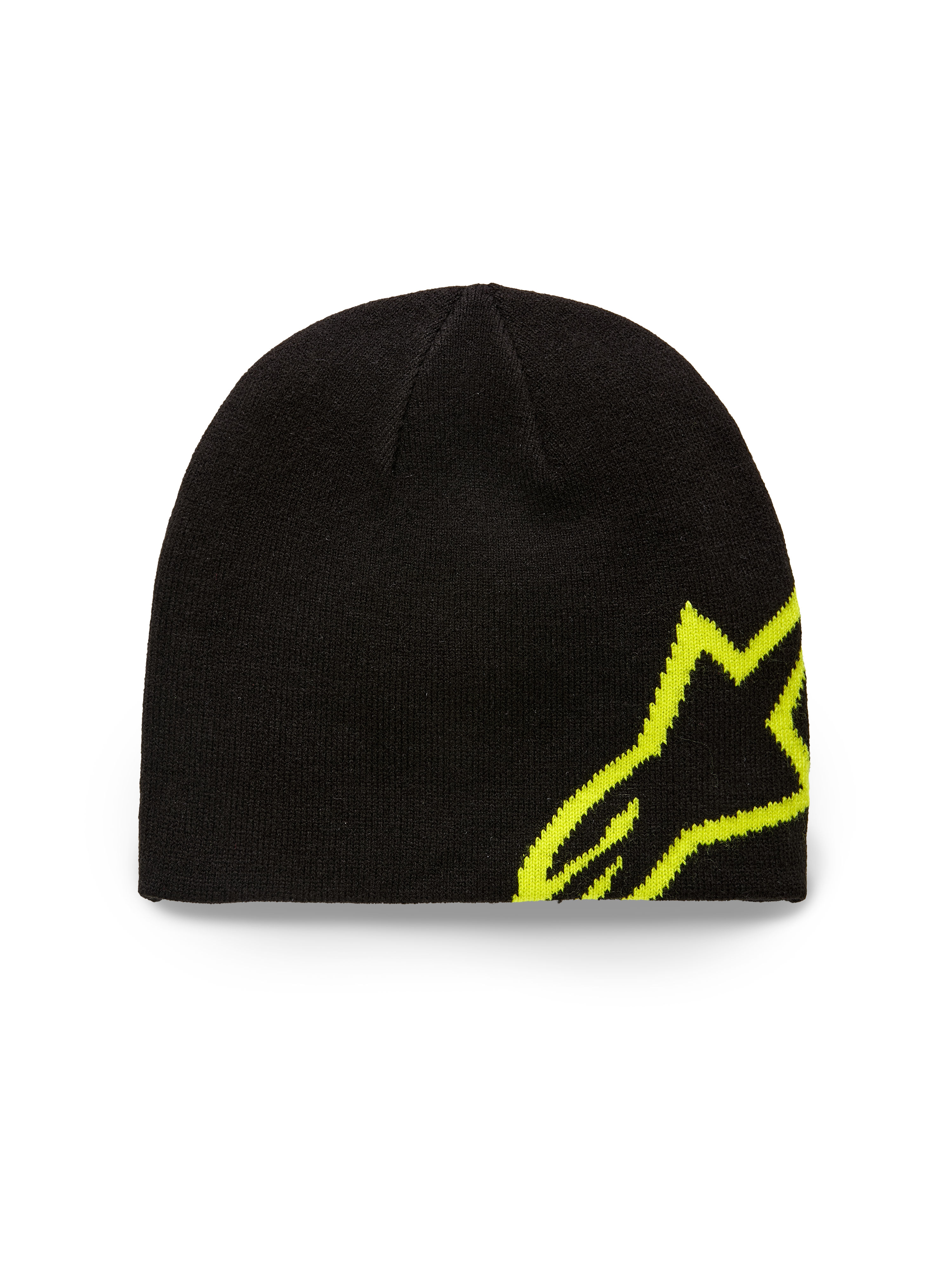 Alpinestars Corp Shift Beanie, Knit Beanie, Black and Hi-Vis Yellow, featuring a large jacquard Alpinestars logo on the side, sweater-knit jersey stitch, casual motorsport-inspired headwear