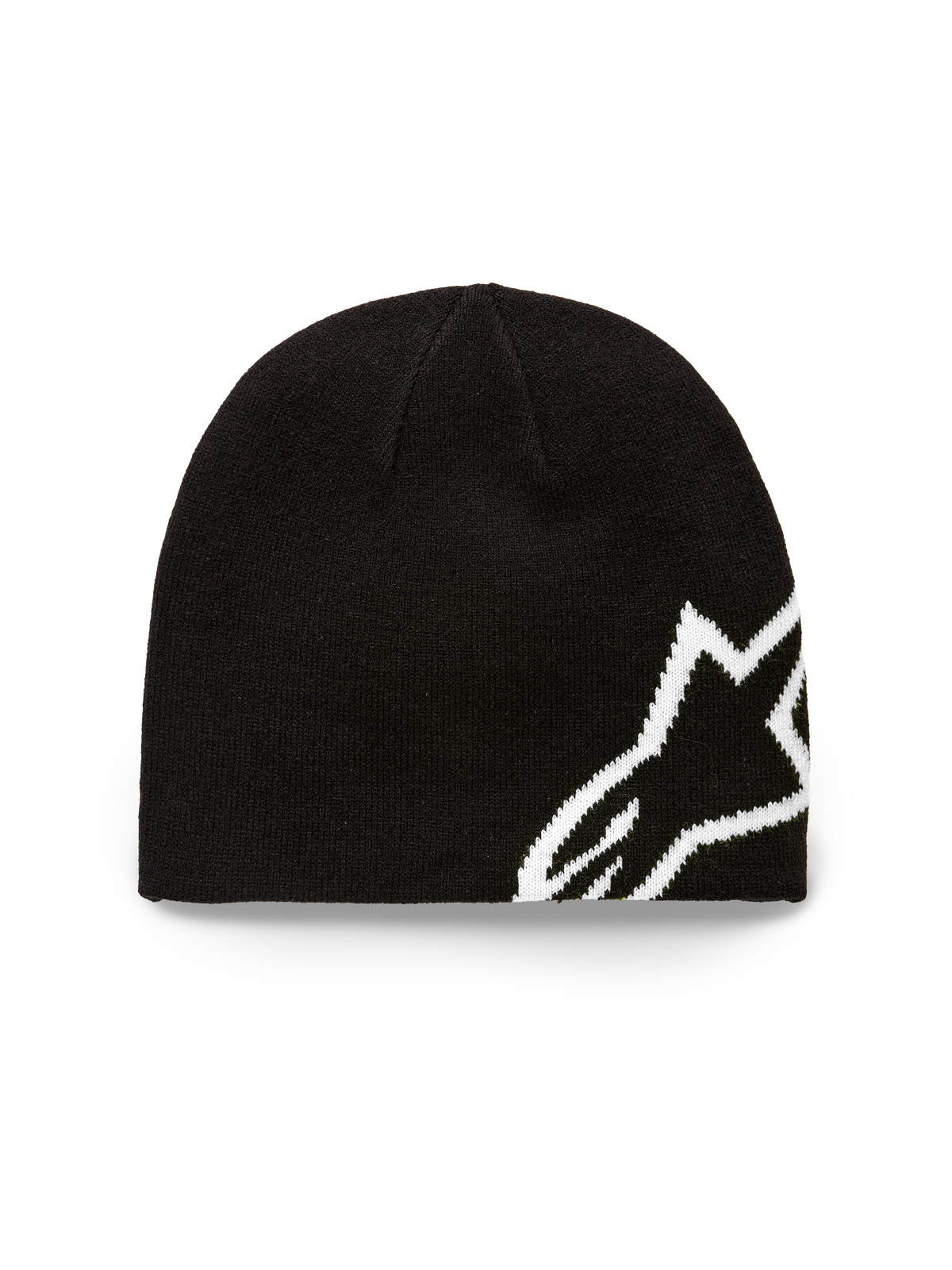 Alpinestars Corp Shift-mössa, svart stickad mössa, stor vit jacquard-stickad Alpinestars-logotyp, tröjstickad konstruktion med jersey-stickning, vardaglig motorsportinspirerad stil