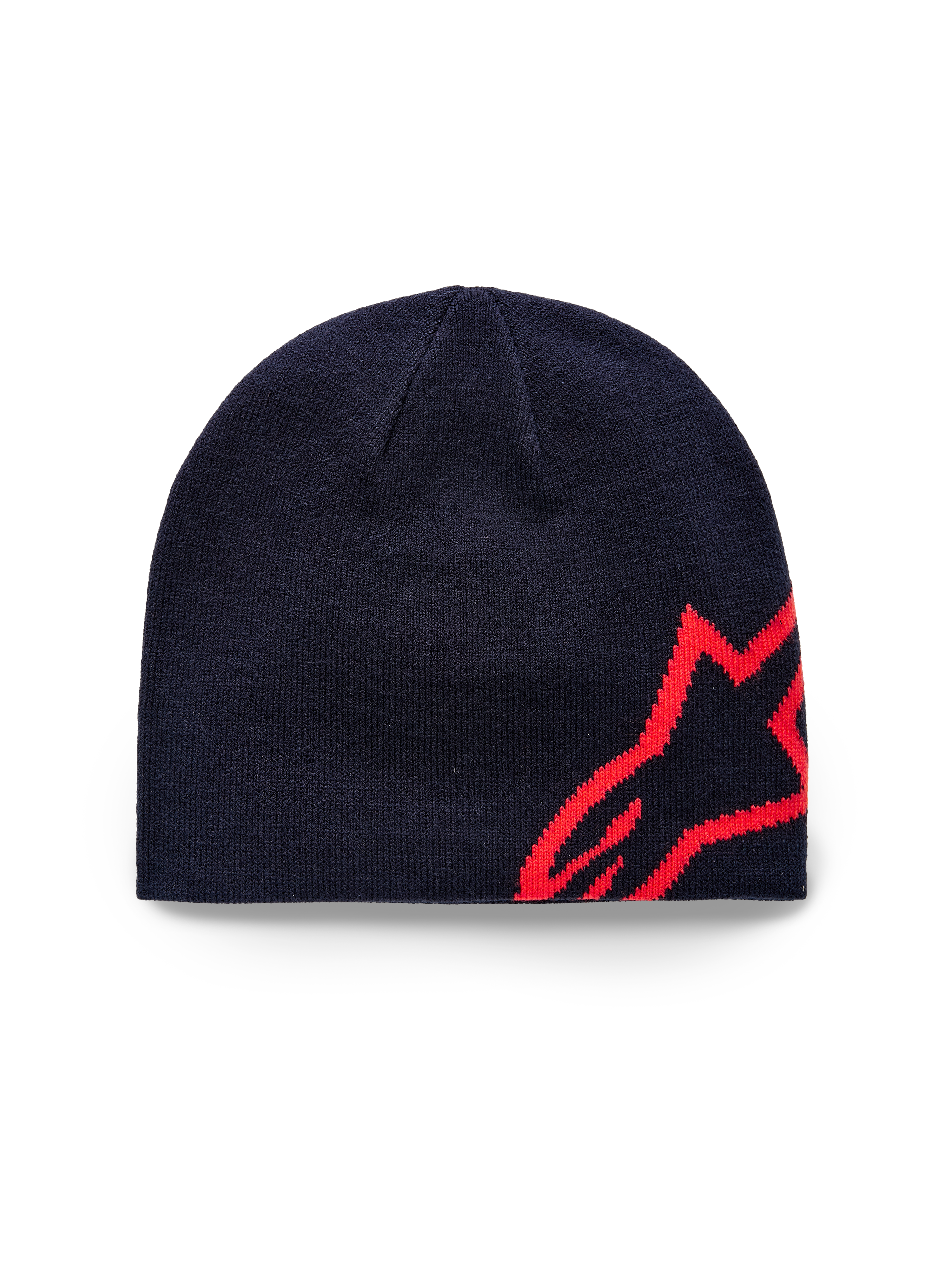 Alpinestars Corp Shift Beanie, stickad mössa, marinblå och klar röd, med en stor röd jacquard-stickad stjärnlogotyp på sidan, jersey-stickad konstruktion, vardaglig sportaccessoar