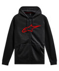 Alpinestars Ageless Zip V3 huvtröja, casual motorsport-streetwear, svart med röd Astars-logotyp, hel dragkedja, huva med dragsko, långa ärmar, ribbstickade muddar och fåll