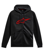 Alpinestars Ageless Zip V3 Hoodie, casual motorsport streetwear, black with red Astars logo, full-length zipper, drawstring hood, long sleeves, ribbed cuffs and hem
