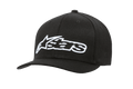 Alpinestars Blaze Flexfit Keps, svart baseballkeps med vit 3D-broderad logotyp, böjd skärm, strukturerad sexpanels-krona med ventilationshål, avslappnad motorsport-huvudbonad