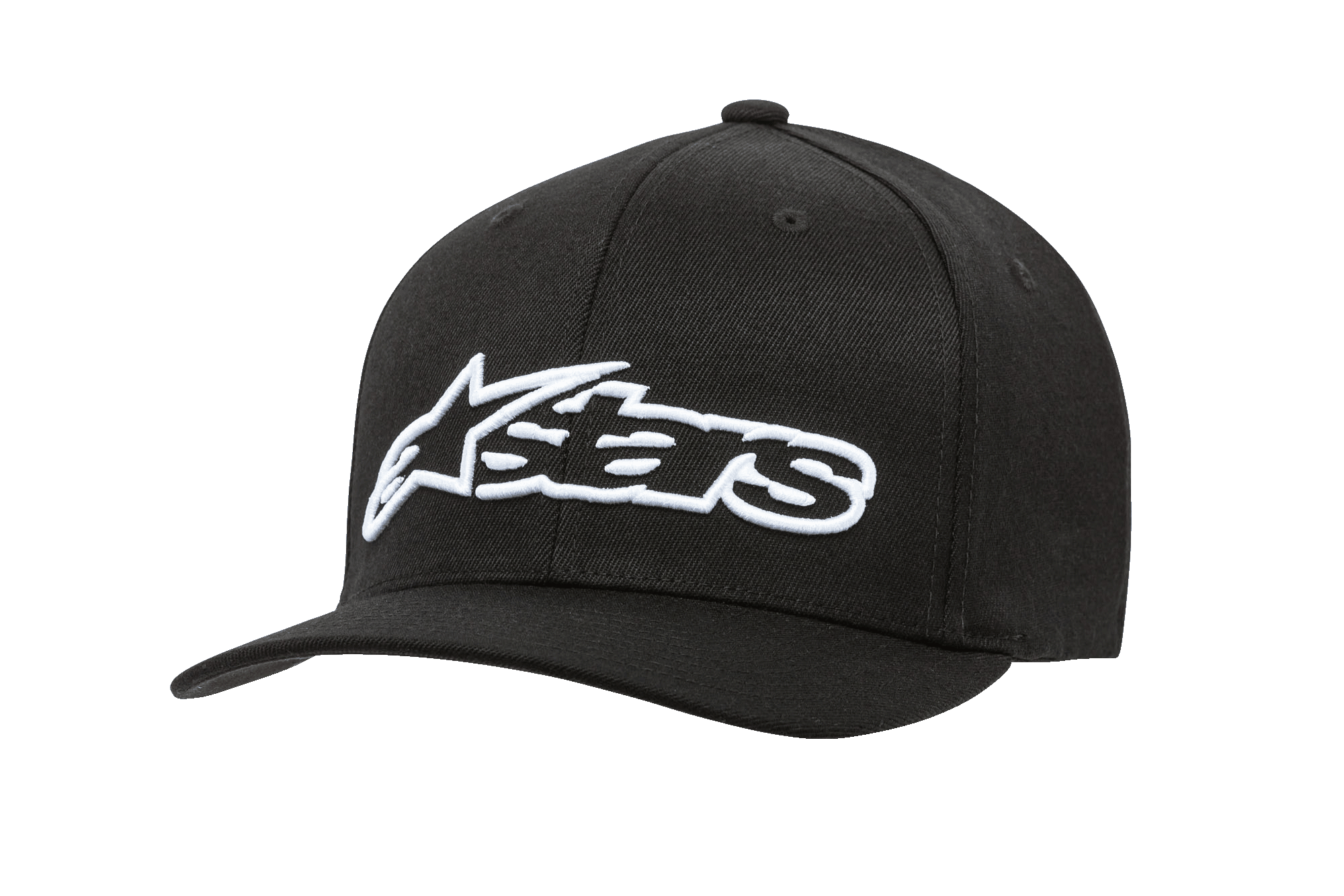 Alpinestars Blaze Flexfit Keps, svart baseballkeps med vit 3D-broderad logotyp, böjd skärm, strukturerad sexpanels-krona med ventilationshål, avslappnad motorsport-huvudbonad