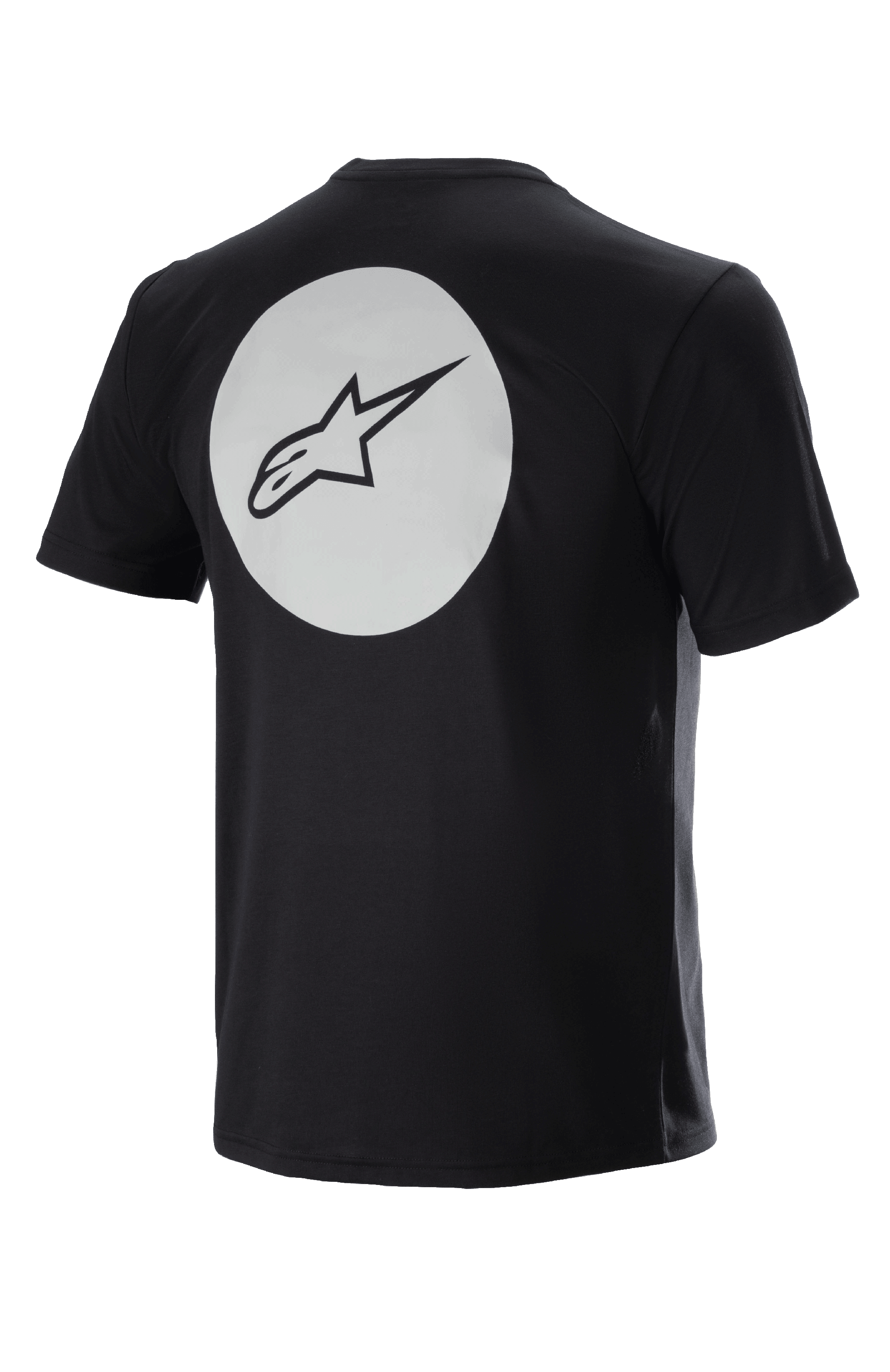 Alpinestars Dot Tech Tee, kortärmad cykeltröja, svart, ryggvy med stor vit cirkel och svart A-star-logotyp, DriRelease fukttransporterande material för mountainbike-körning