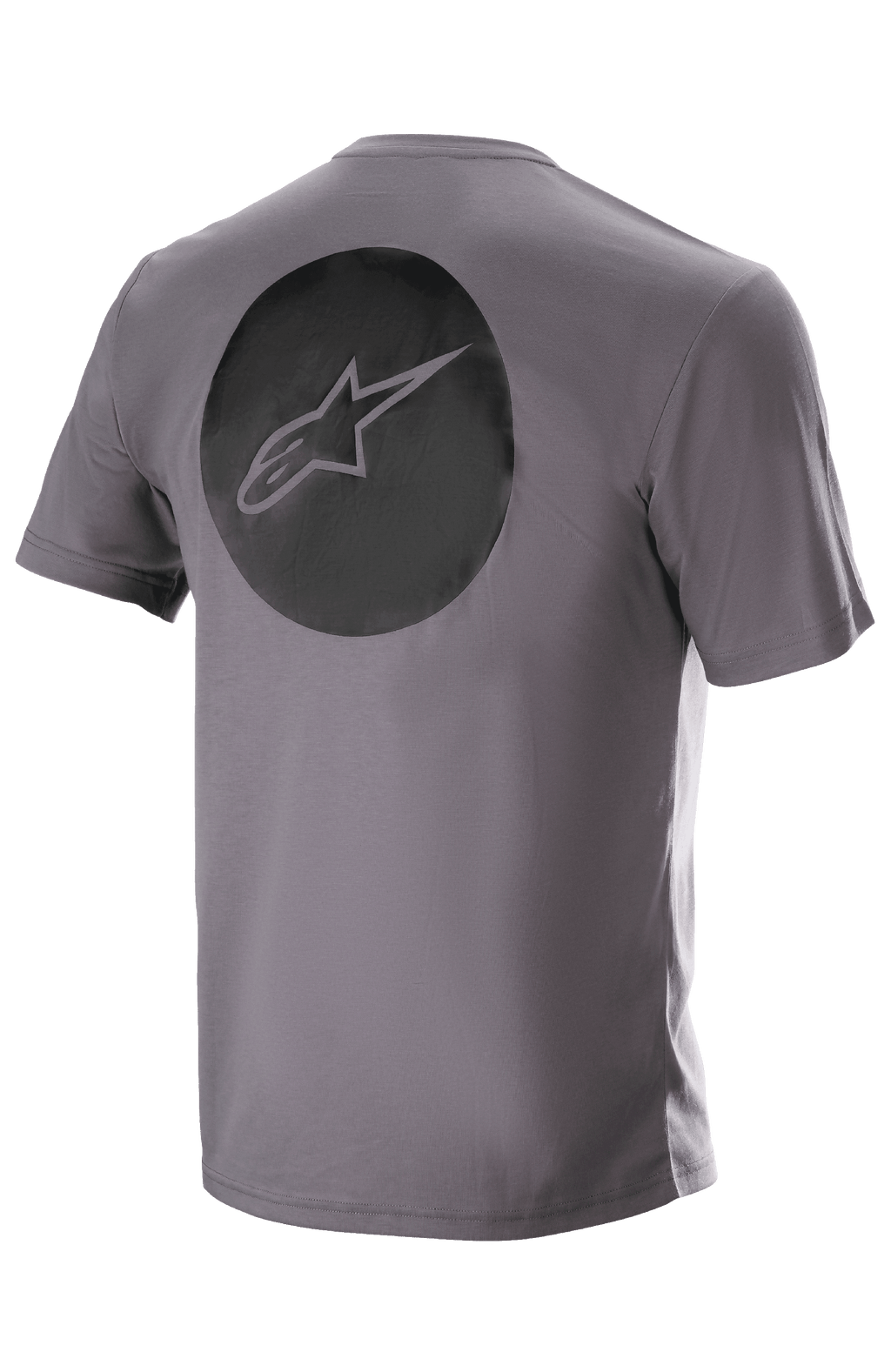 Alpinestars Dot Tech Tee, kortärmad, Sparrow Gray, vy bakifrån med en stor svart cirkulär grafik med Alpinestars stjärnlogotyp, teknisk fukttransporterande MTB-utrustning