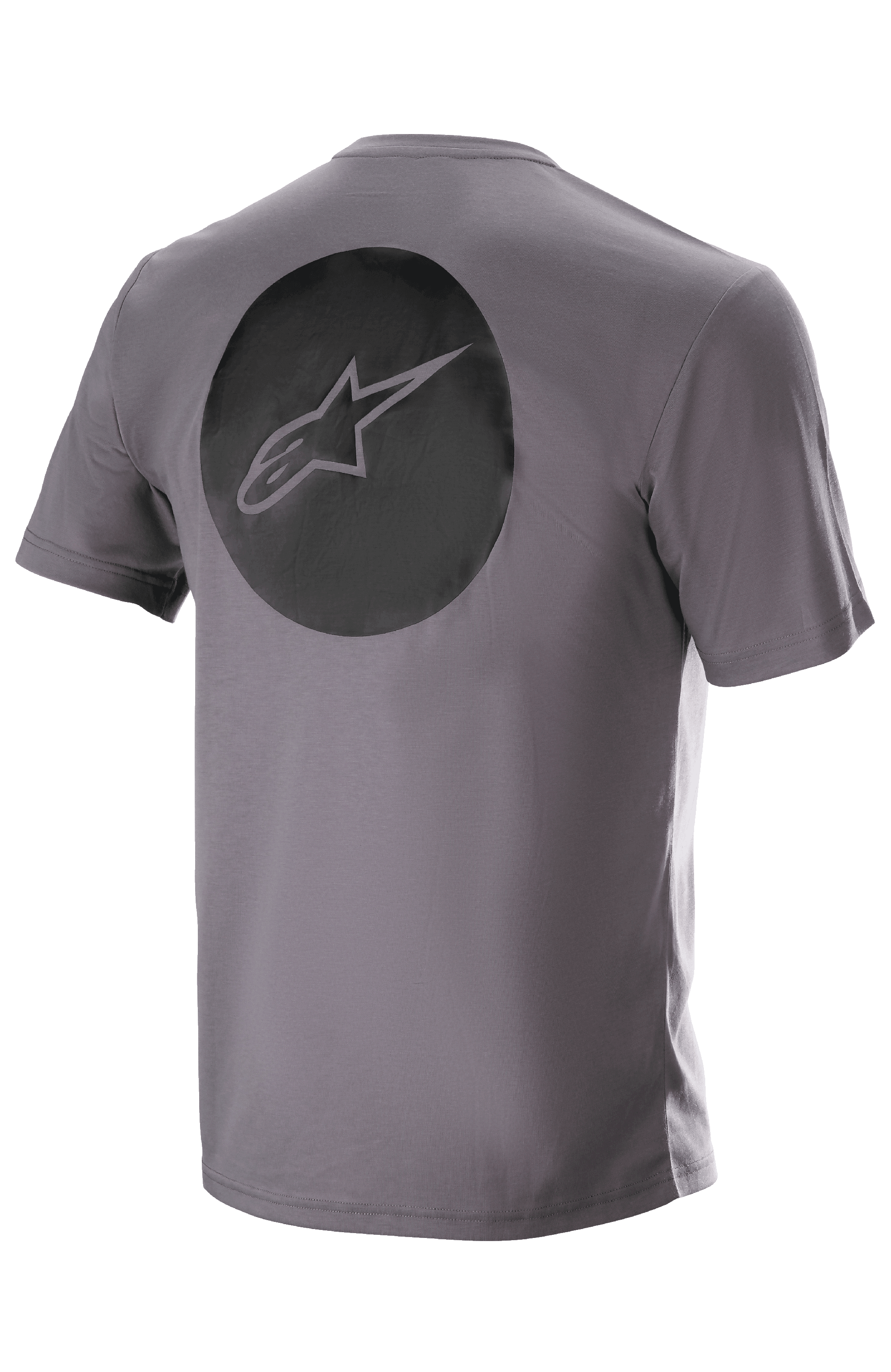 Alpinestars Dot Tech Tee, kortärmad, Sparrow Gray, vy bakifrån med en stor svart cirkulär grafik med Alpinestars stjärnlogotyp, teknisk fukttransporterande MTB-utrustning