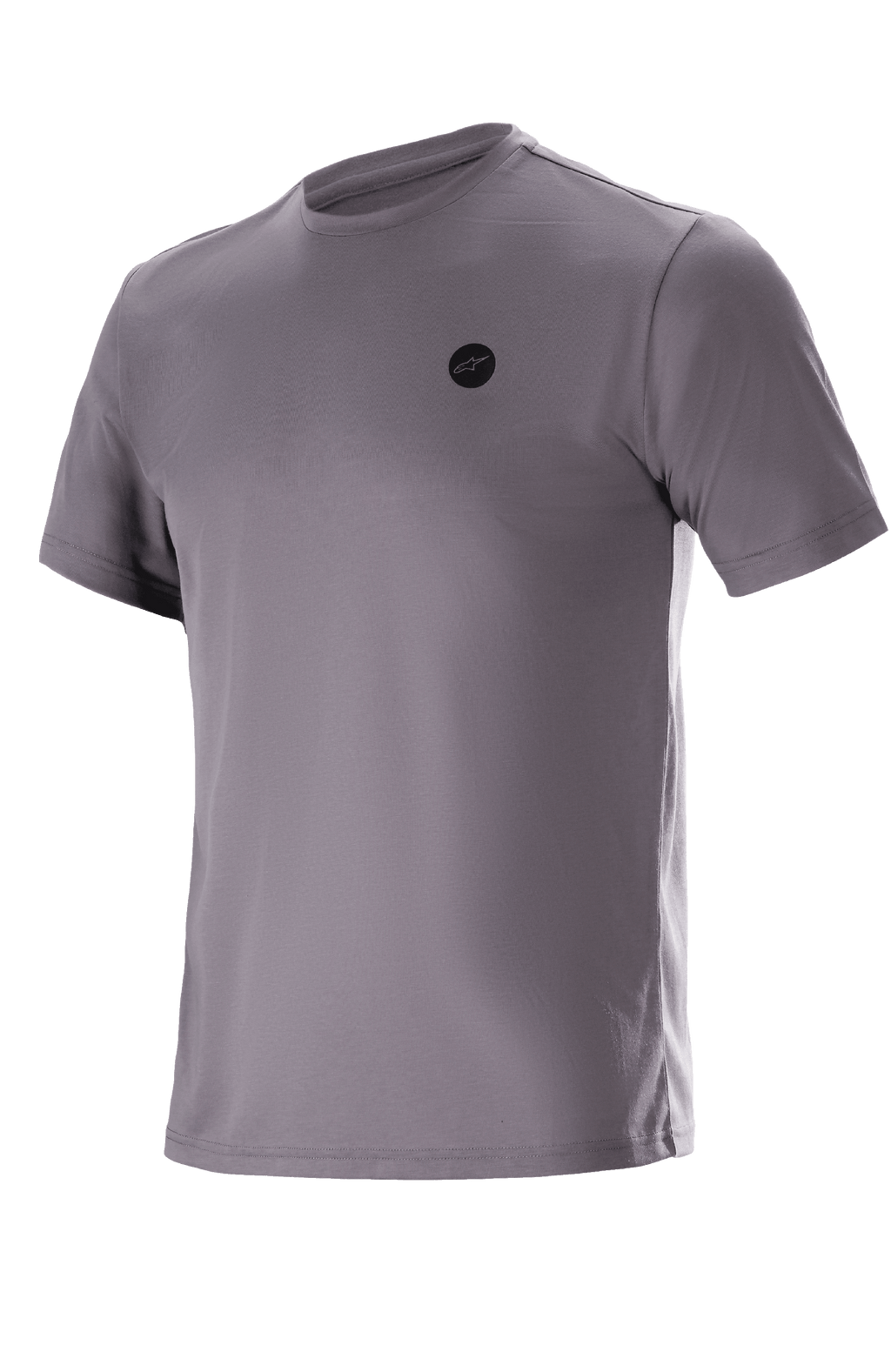 Alpinestars Dot Tech Tee - kortärmad, Sparrow Gray, teknisk t-shirt, liten svart cirkulär logotyp på bröstet, fukttransporterande DriRelease-material, avslappnad mountainbike- och terrängklädsel