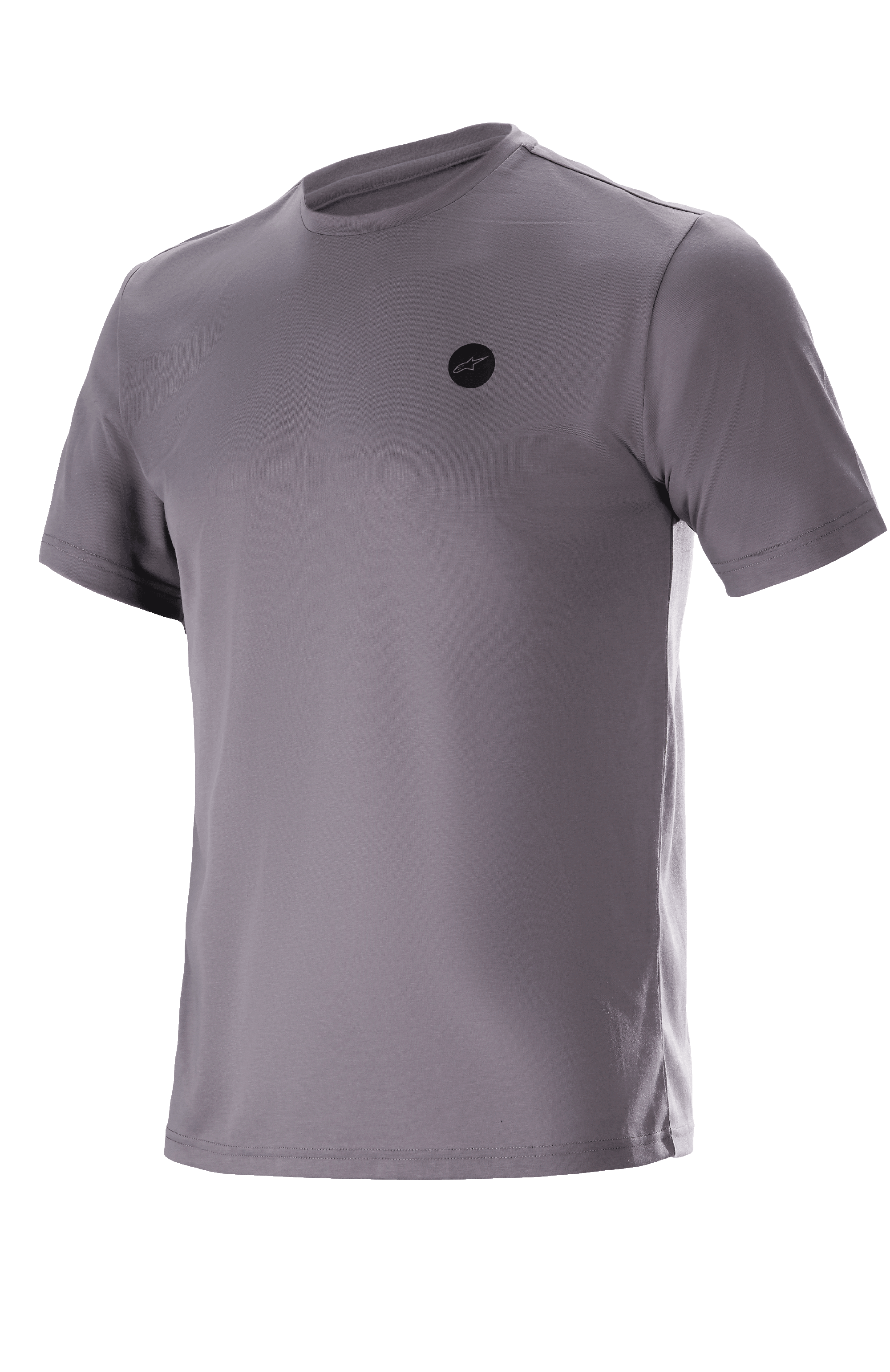Alpinestars Dot Tech Tee - kortärmad, Sparrow Gray, teknisk t-shirt, liten svart cirkulär logotyp på bröstet, fukttransporterande DriRelease-material, avslappnad mountainbike- och terrängklädsel
