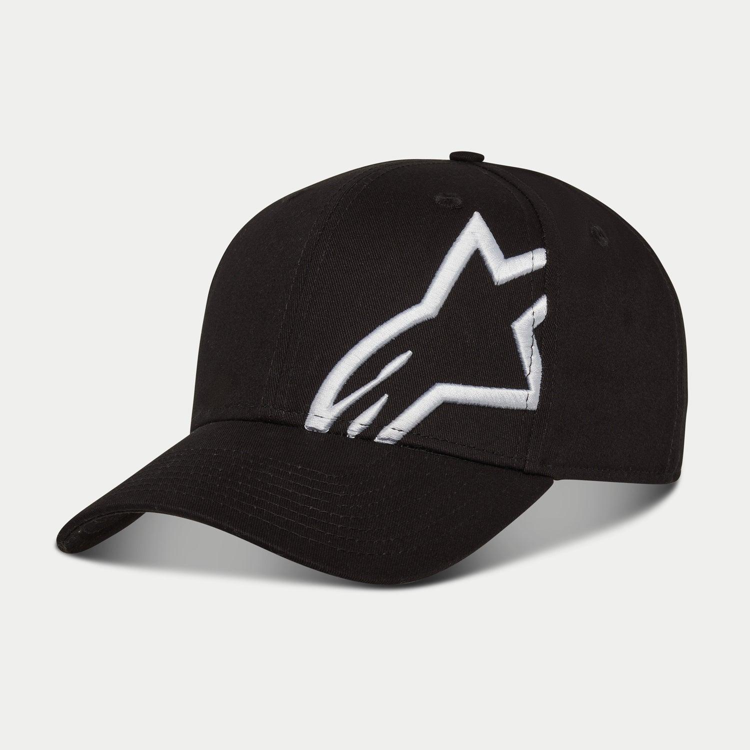 Alpinestars Corp Snap 2 Hat, Black and White, featuring a curved bill and structured crown, large white 3D embroidered Alpinestars logo on the left panel, classic snapback design