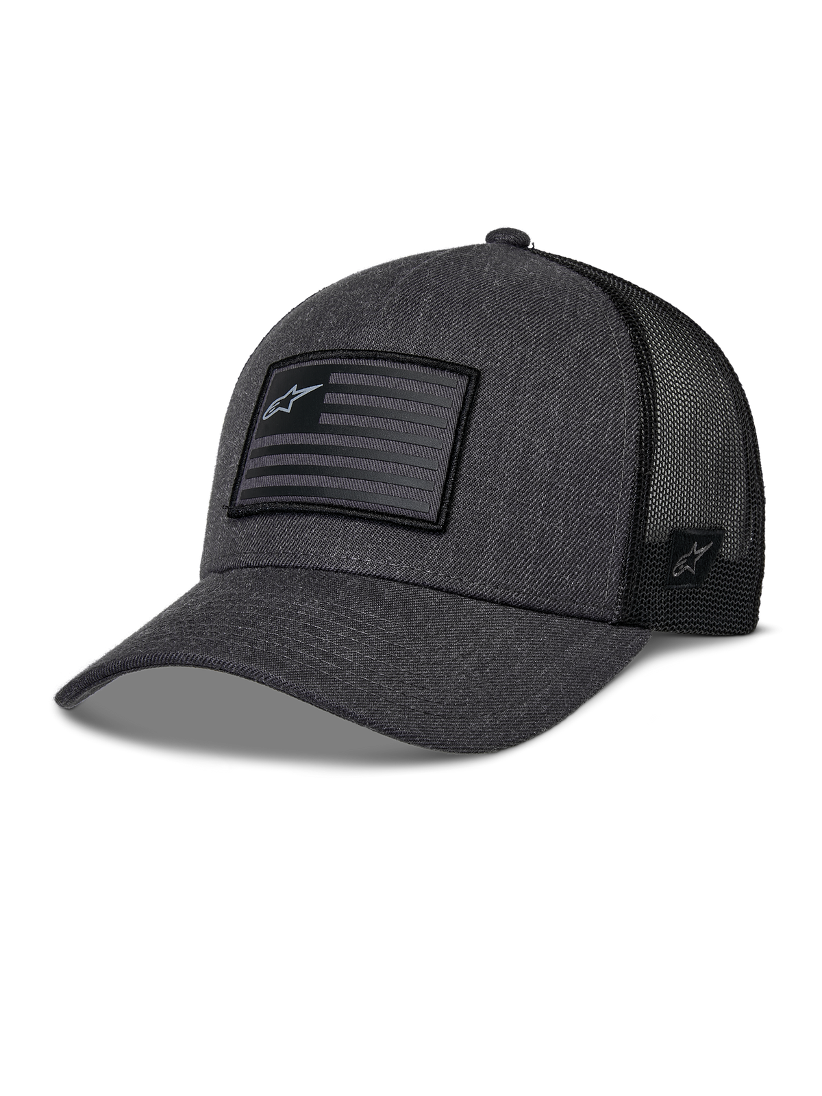 Alpinestars Flag Snapback-keps, grafitgråmelerad och svart, baseballkeps i trucker-modell, rektangulär flaggpatch med stjärnlogotyp, böjd skärm och ventilerande baksida i mesh