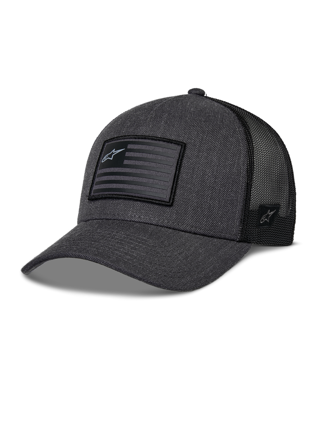 Alpinestars Flag Snapback-keps, grafitgråmelerad och svart, baseballkeps i trucker-modell, rektangulär flaggpatch med stjärnlogotyp, böjd skärm och ventilerande baksida i mesh