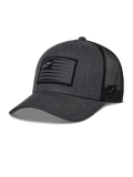 Alpinestars Flag Snapback-keps, grafitgråmelerad och svart, baseballkeps i trucker-modell, rektangulär flaggpatch med stjärnlogotyp, böjd skärm och ventilerande baksida i mesh
