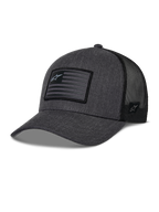 Alpinestars Flag Snapback-keps, grafitgråmelerad och svart, baseballkeps i trucker-modell, rektangulär flaggpatch med stjärnlogotyp, böjd skärm och ventilerande baksida i mesh