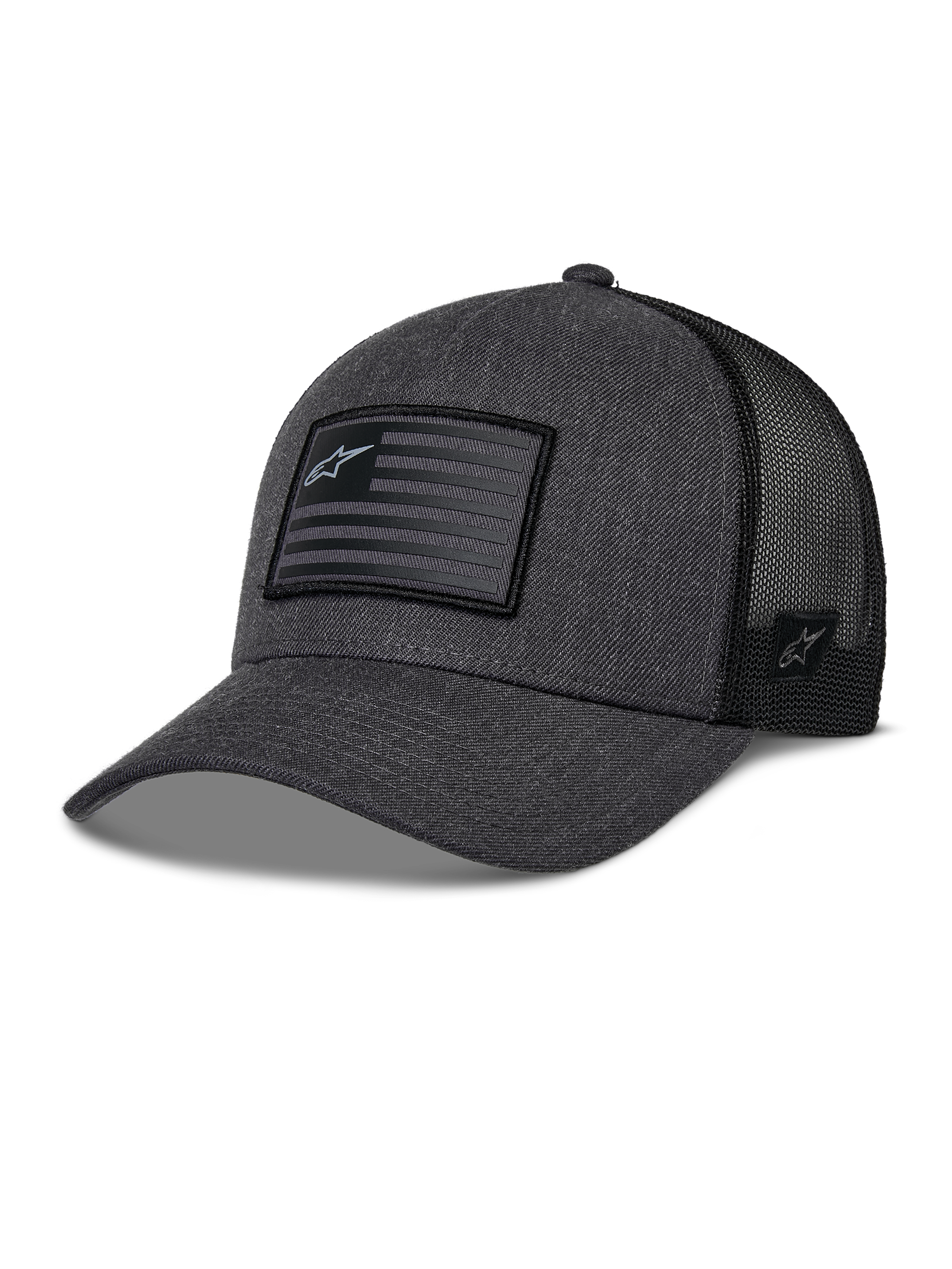 Alpinestars Flag Snapback-keps, grafitgråmelerad och svart, baseballkeps i trucker-modell, rektangulär flaggpatch med stjärnlogotyp, böjd skärm och ventilerande baksida i mesh