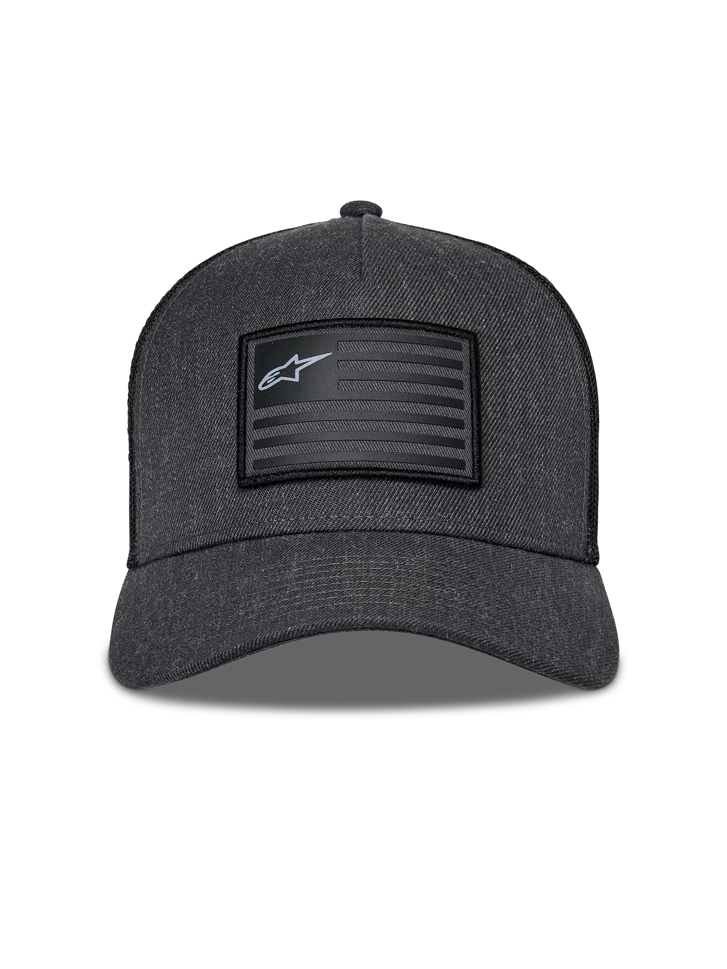 Alpinestars Flag Snapback-keps, Charcoal Heather och svart, vy framifrån med en strukturerad krona och böjd skärm, rektangulärt märke i flaggstil med Alpinestars-logotyp och ränder, avslappnat motorsport-streetwear