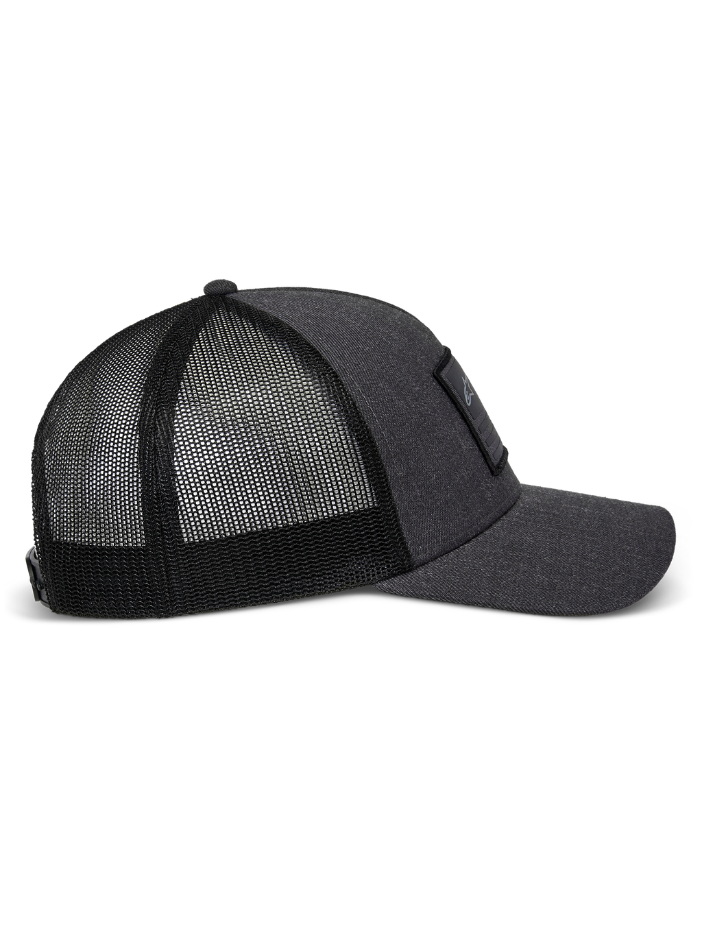 Alpinestars Flag Snapback-keps i Charcoal Heather Black, profilvy från sidan som visar den böjda skärmen, strukturerat framstycke i twill med en merrow-patch och ventilerande bakstycke i polyestermesh.