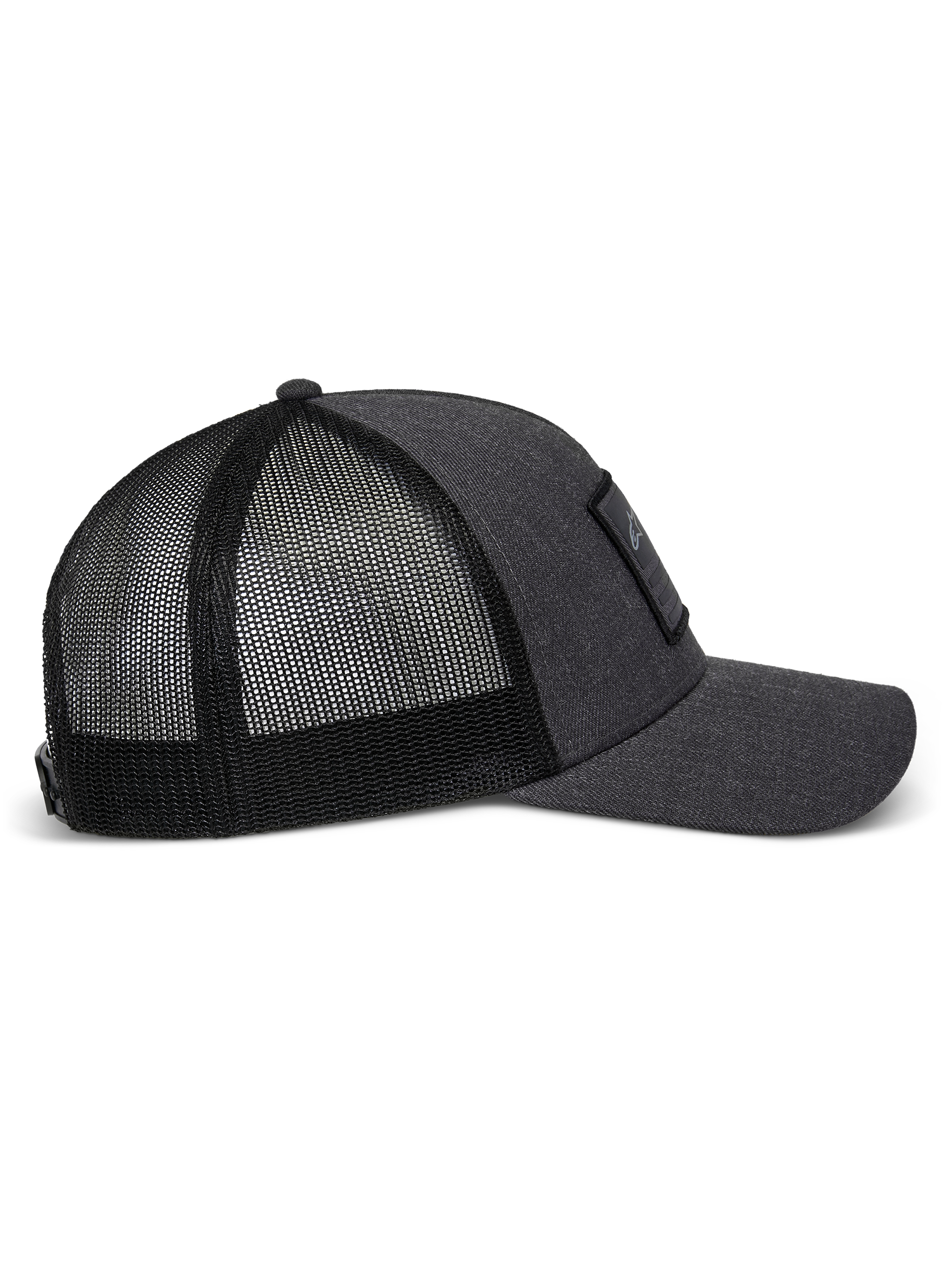 Alpinestars Flag Snapback-keps i Charcoal Heather Black, profilvy från sidan som visar den böjda skärmen, strukturerat framstycke i twill med en merrow-patch och ventilerande bakstycke i polyestermesh.