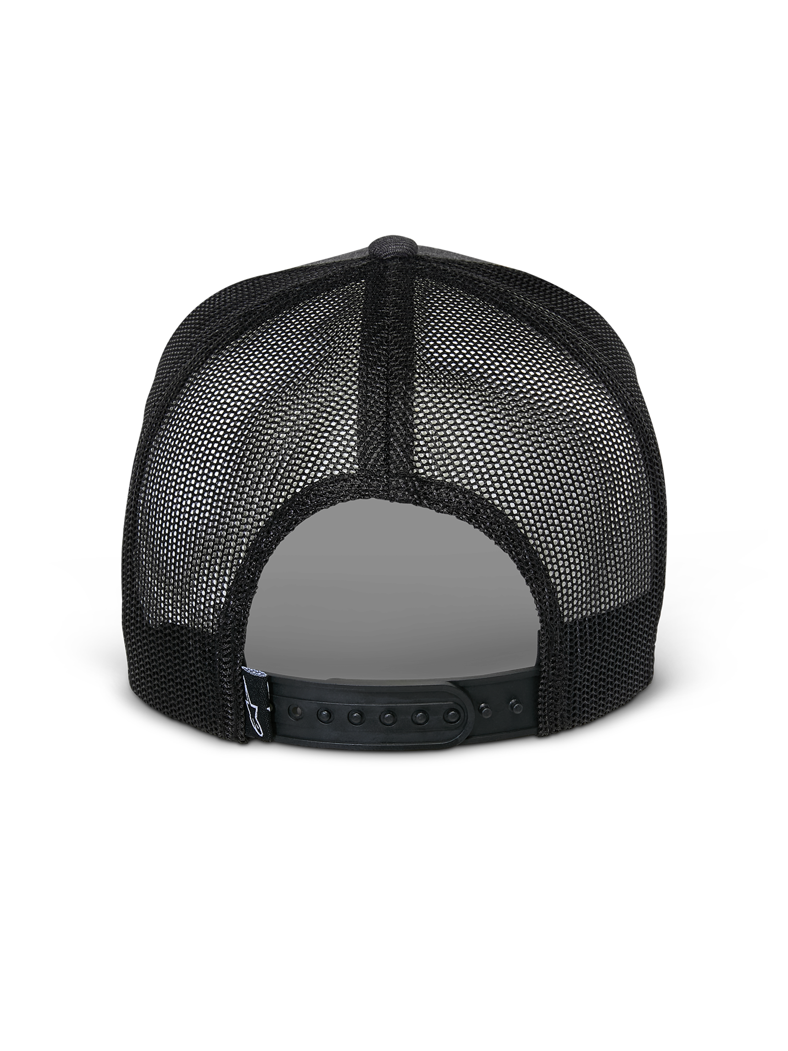 Alpinestars Flag Snapback-keps, vy bakifrån, Charcoal Heather Black, med svarta meshpaneler som andas och justerbar snapback-knäppning, avslappnad motorsportinspirerad keps
