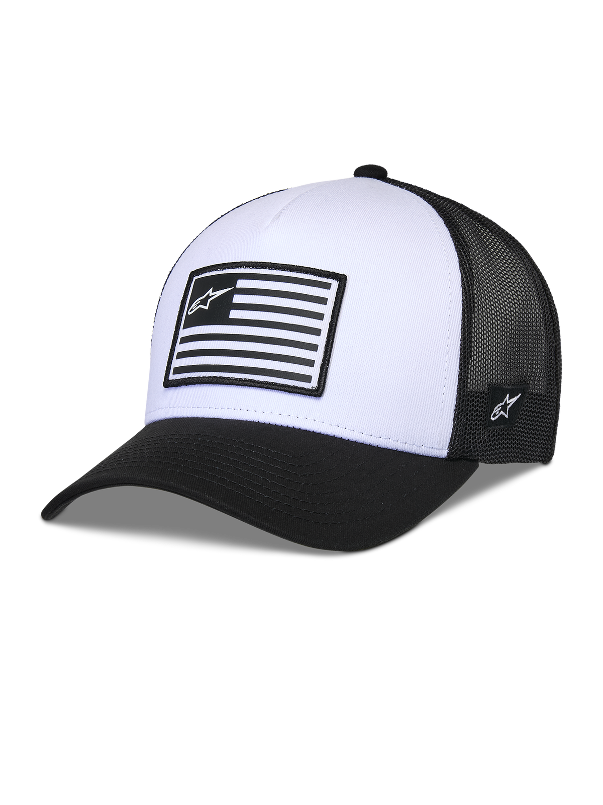 Alpinestars Flag Snapback-keps, vit och svart, strukturerad krona med böjd skärm, vit frontpanel och svart mesh-baksida, rektangulärt tygmärke i flaggstil, avslappnad motorsport-inspirerad huvudbonad